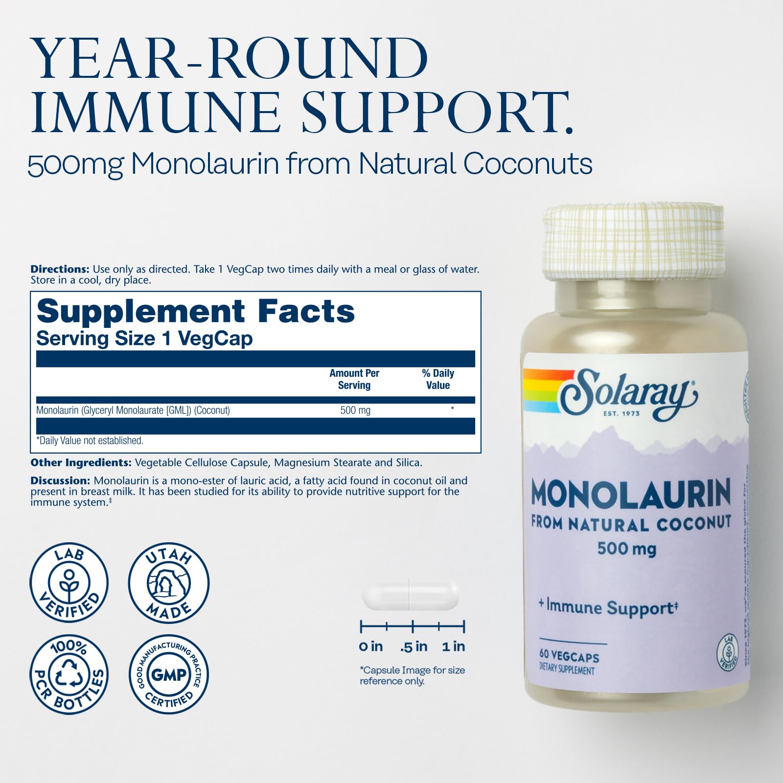 Foto 3 pulgar | Suplemento Solaray De Monolaurina, 500 Mg, Apoyo Inmunológico, 60 Cápsulas Vegetales - Venta Internacional.