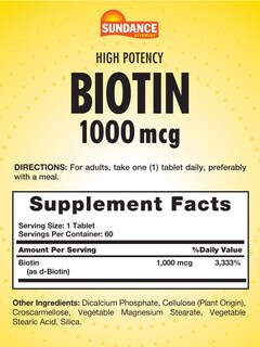 Foto 2 | Suplemento Sundance En Tabletas De Biotina De Alta Potencia De 1,000 Mcg - Venta Internacional.
