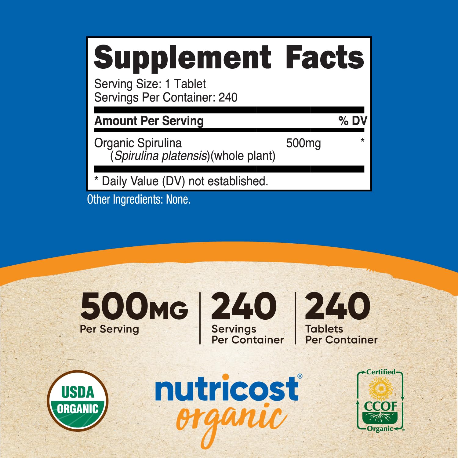 Foto 3 pulgar | Suplemento Nutricost De Espirulina Orgánica 500 Mg 240 Tabletas - Venta Internacional.