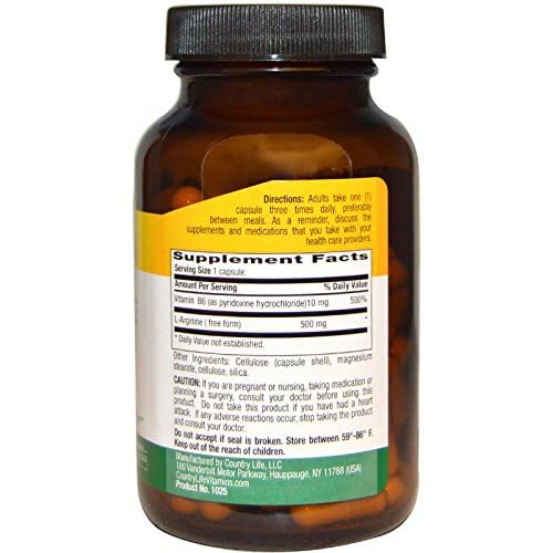 Foto 3 pulgar | Suplemento Country Life L-arginina En Cápsulas, 500 Mg, 100 Cápsulas Vegetarianas - Venta Internacional.