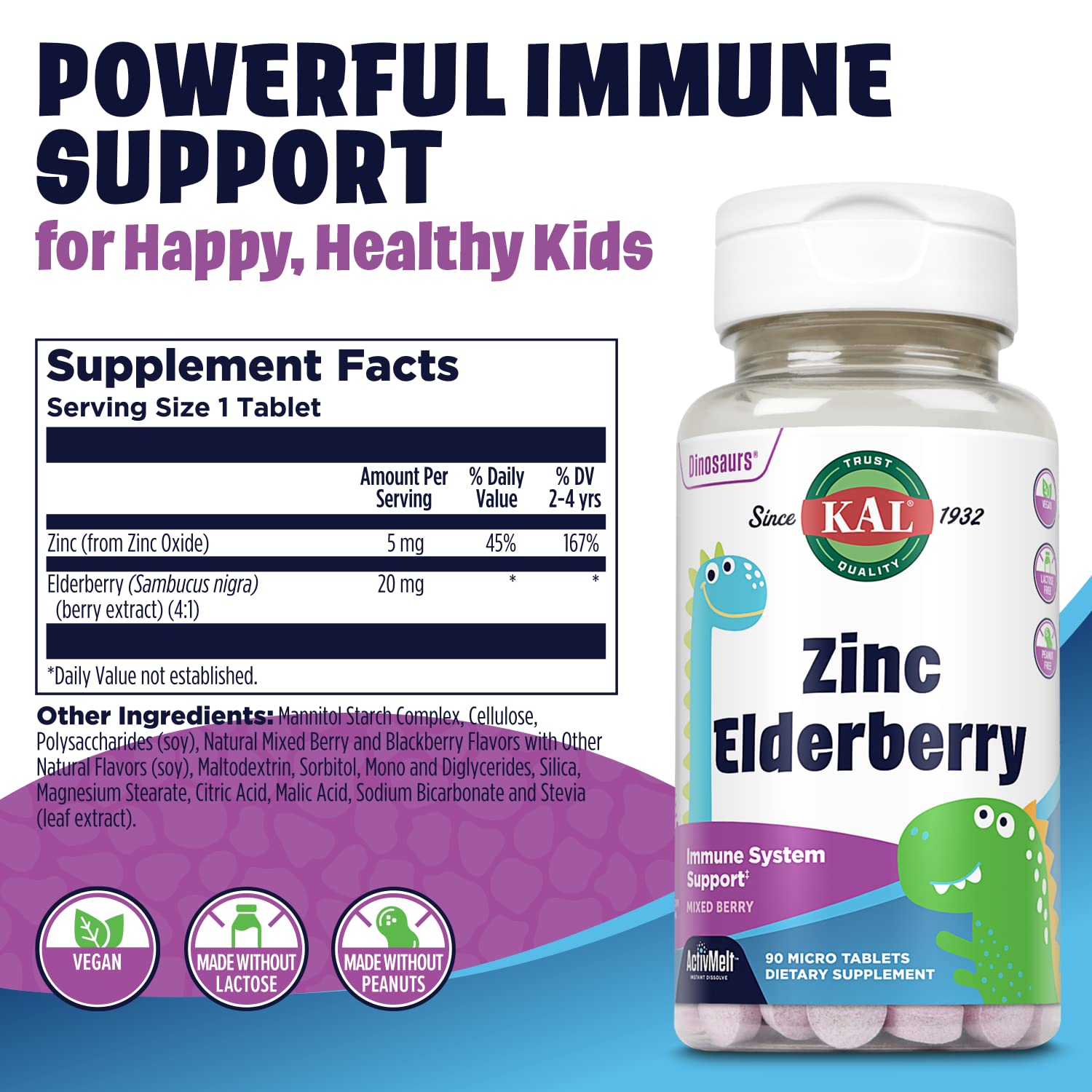 Foto 3 pulgar | Suplemento Kal Kids Zinc Elderberry Activmelts 90 Comprimidos - Venta Internacional.