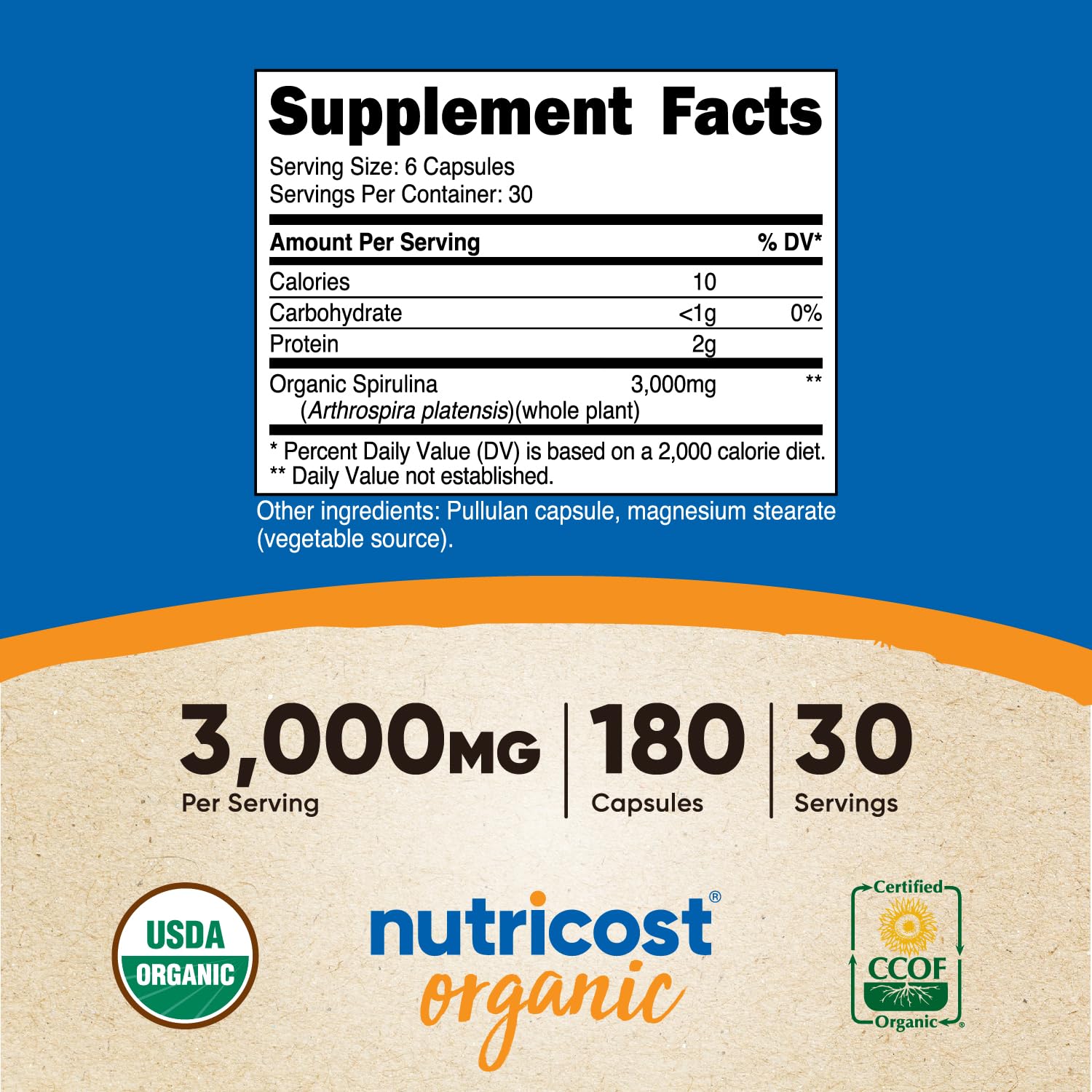 Foto 3 pulgar | Suplemento Nutricost Spirulina 3000 Mg 180 Cápsulas - Venta Internacional.