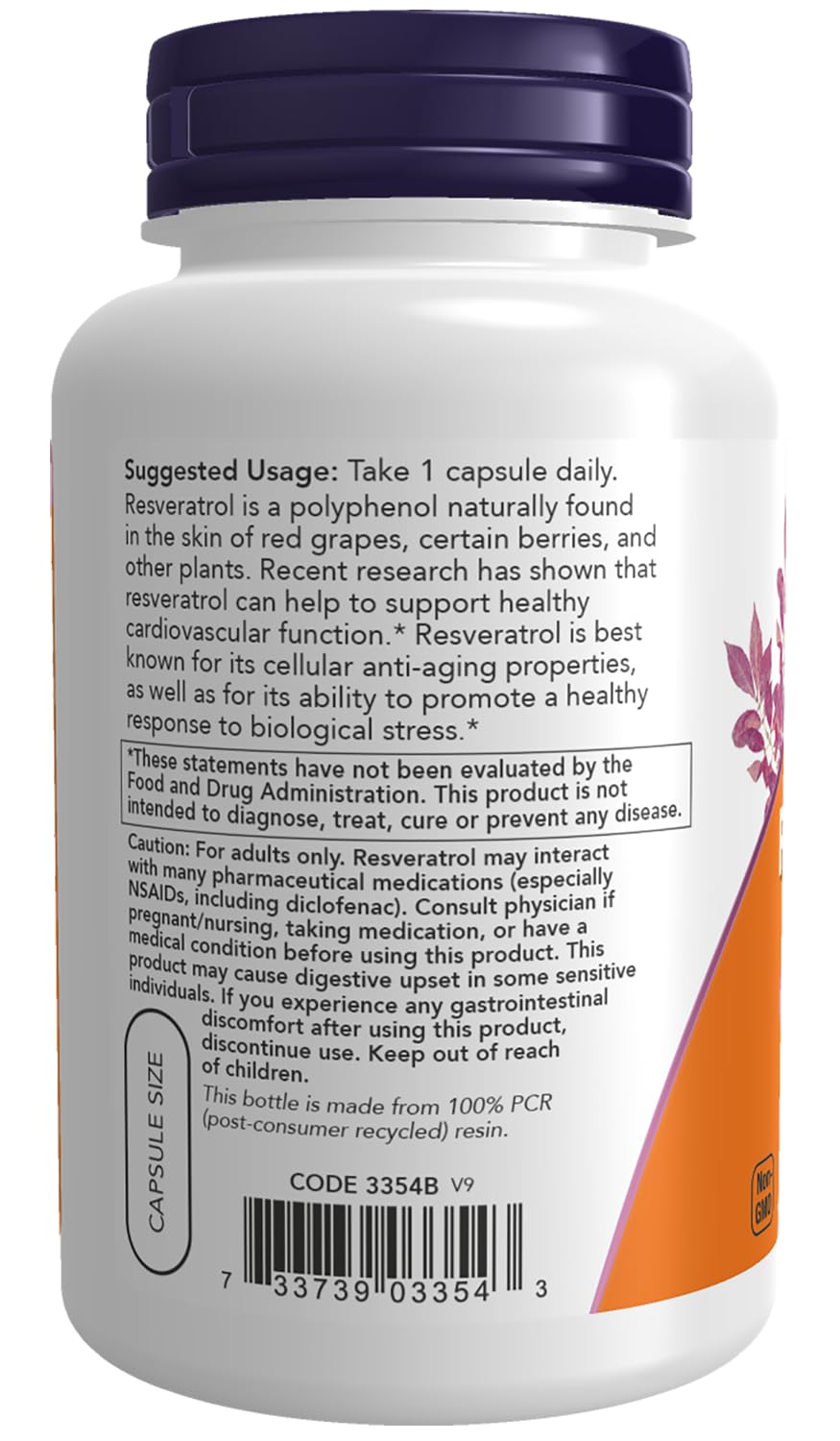 Foto 4 pulgar | Supplement Now Resveratrol Natural 200 Mg Con Vino Tinto 120 Cápsulas - Venta Internacional.