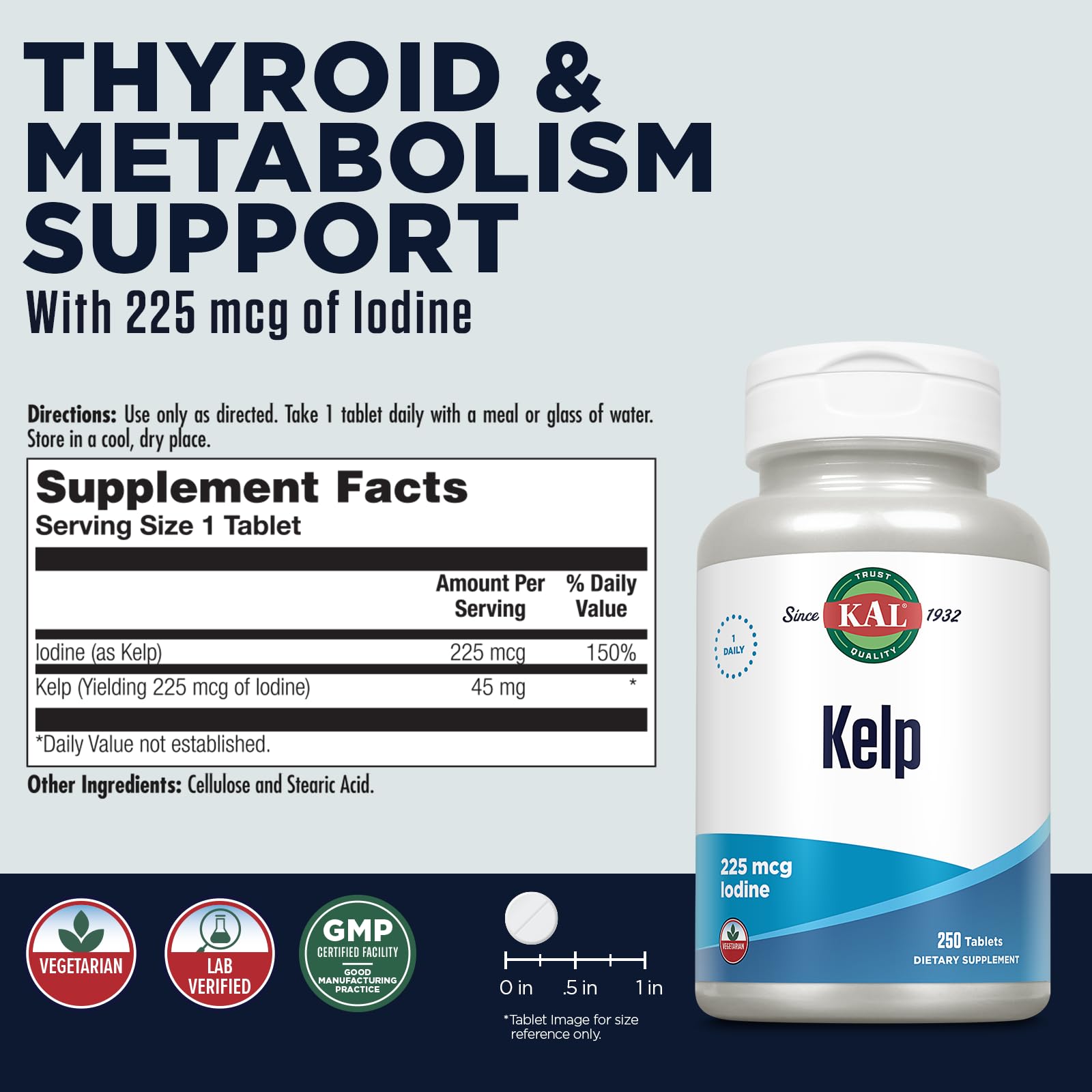 Foto 3 pulgar | Suplemento Kal Kelp En Tabletas De Yodo 225 Mcg, 250 Tabletas - Venta Internacional.