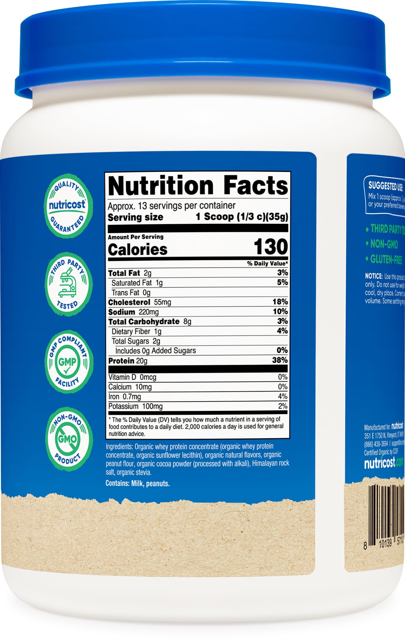 Foto 6 pulgar | Proteína En Polvo Nutricost Organic Whey Chocolate Cacahuete 500g - Venta Internacional.