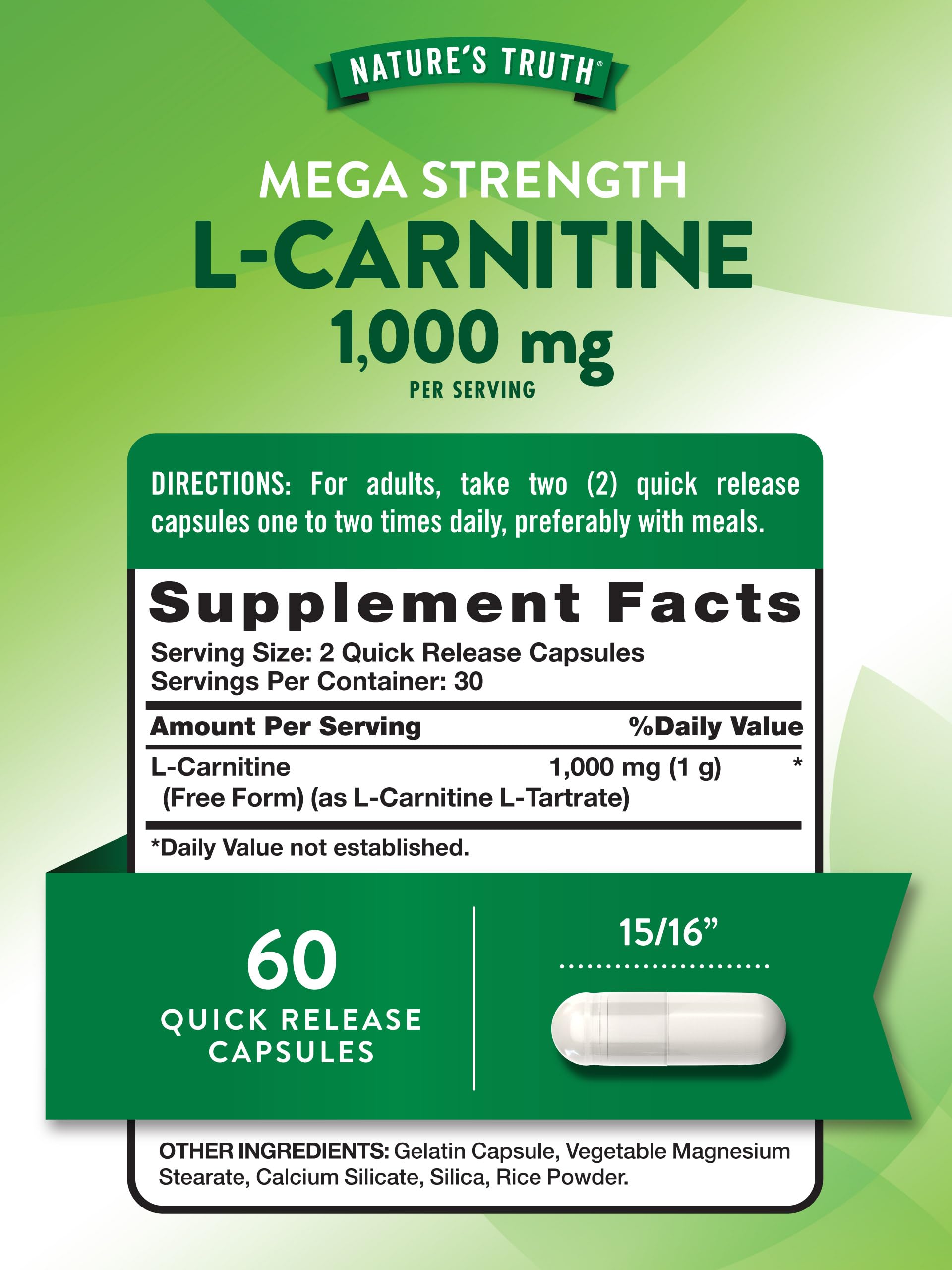 Foto 3 pulgar | Suplemento Nature's Truth L-carnitina 1000 Mg 60 Cápsulas - Venta Internacional.