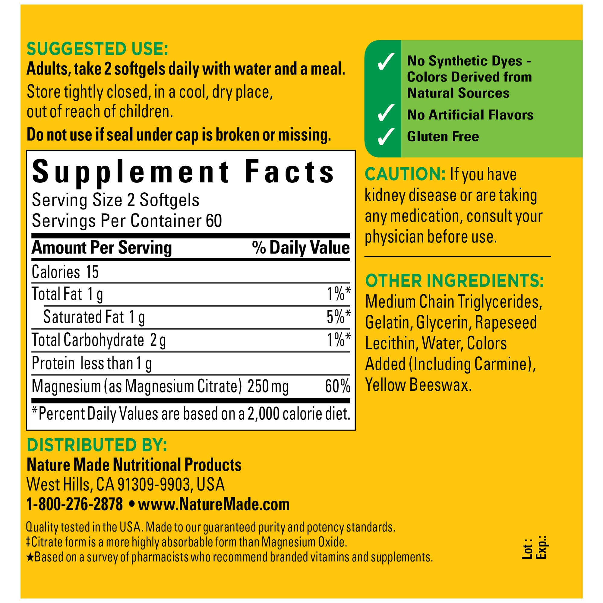 Foto 5 | Suplemento De Citrato De Magnesio Nature Made 250 Mg 120 Cápsulas Blandas - Venta Internacional.