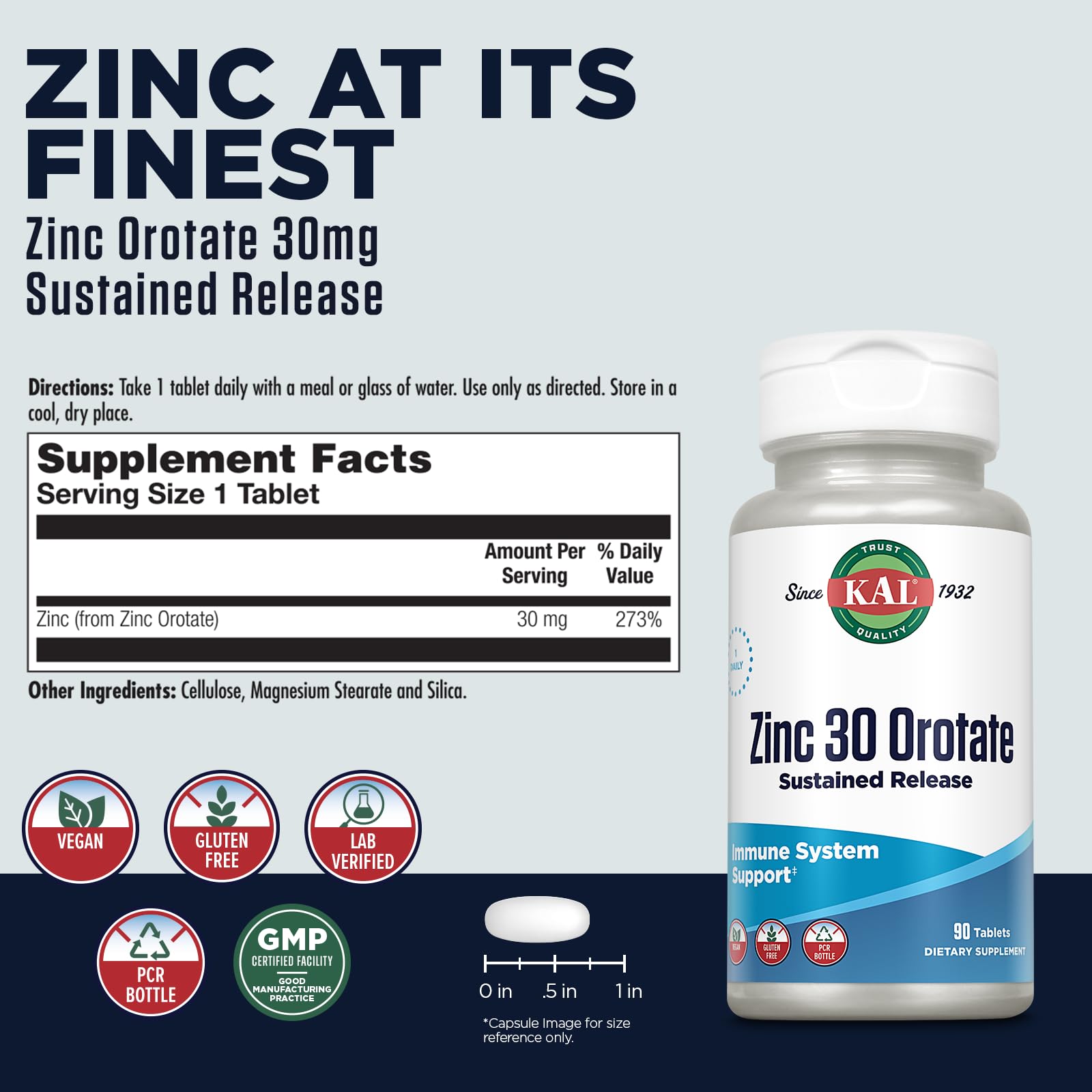 Foto 3 pulgar | Suplemento Kal De Orotato De Zinc, 30 Mg, Liberación Sostenida, 90 Tabletas - Venta Internacional.