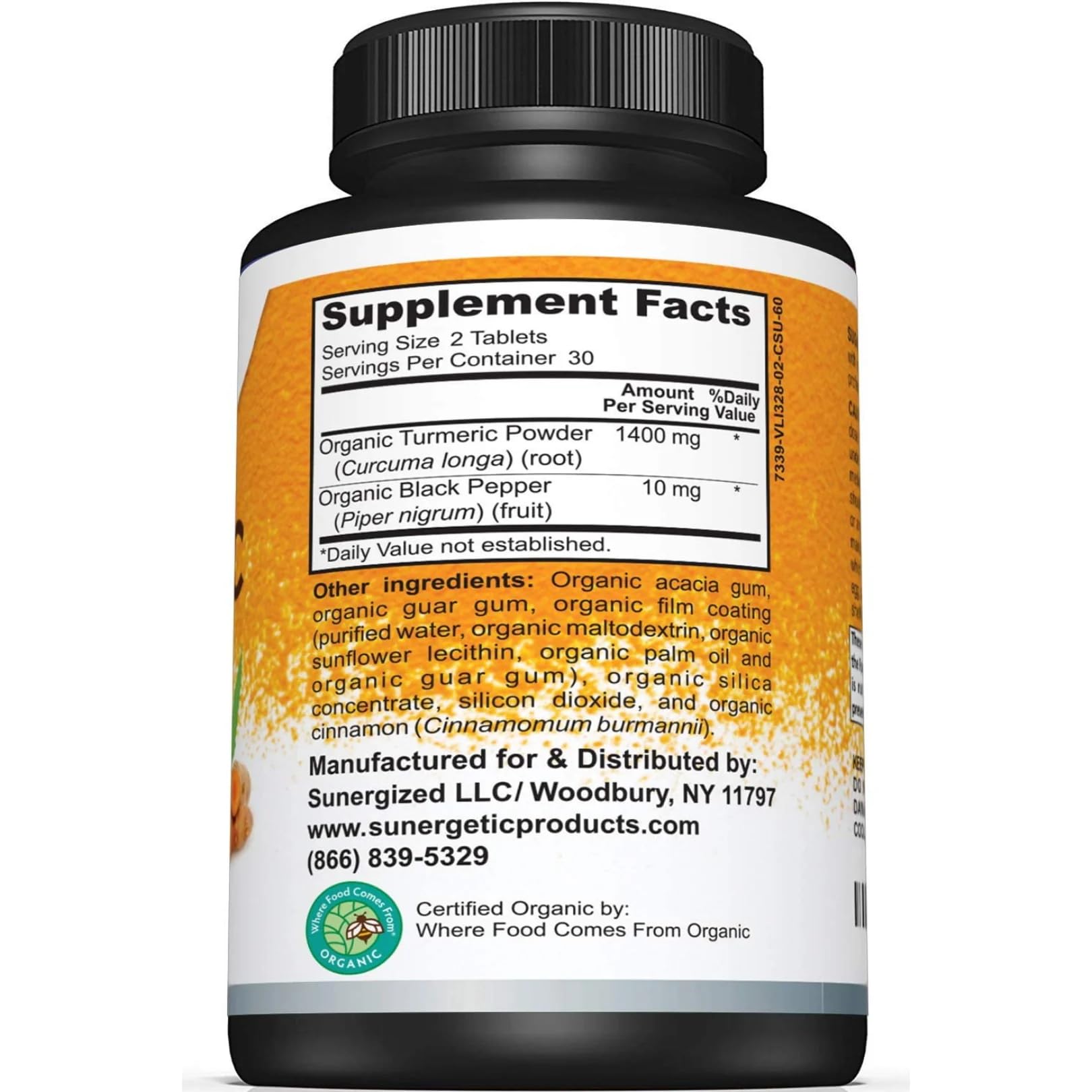 Foto 2 | Suplemento Sunergetic Usda De Cúrcuma Orgánica, 1400 Mg, 60 Tabletas - Venta Internacional.