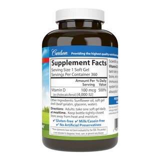 Foto 2 | Suplemento Carlson Vitamina D3 4000 Ui (100 Mcg) 360 Cápsulas Blandas - Venta Internacional.