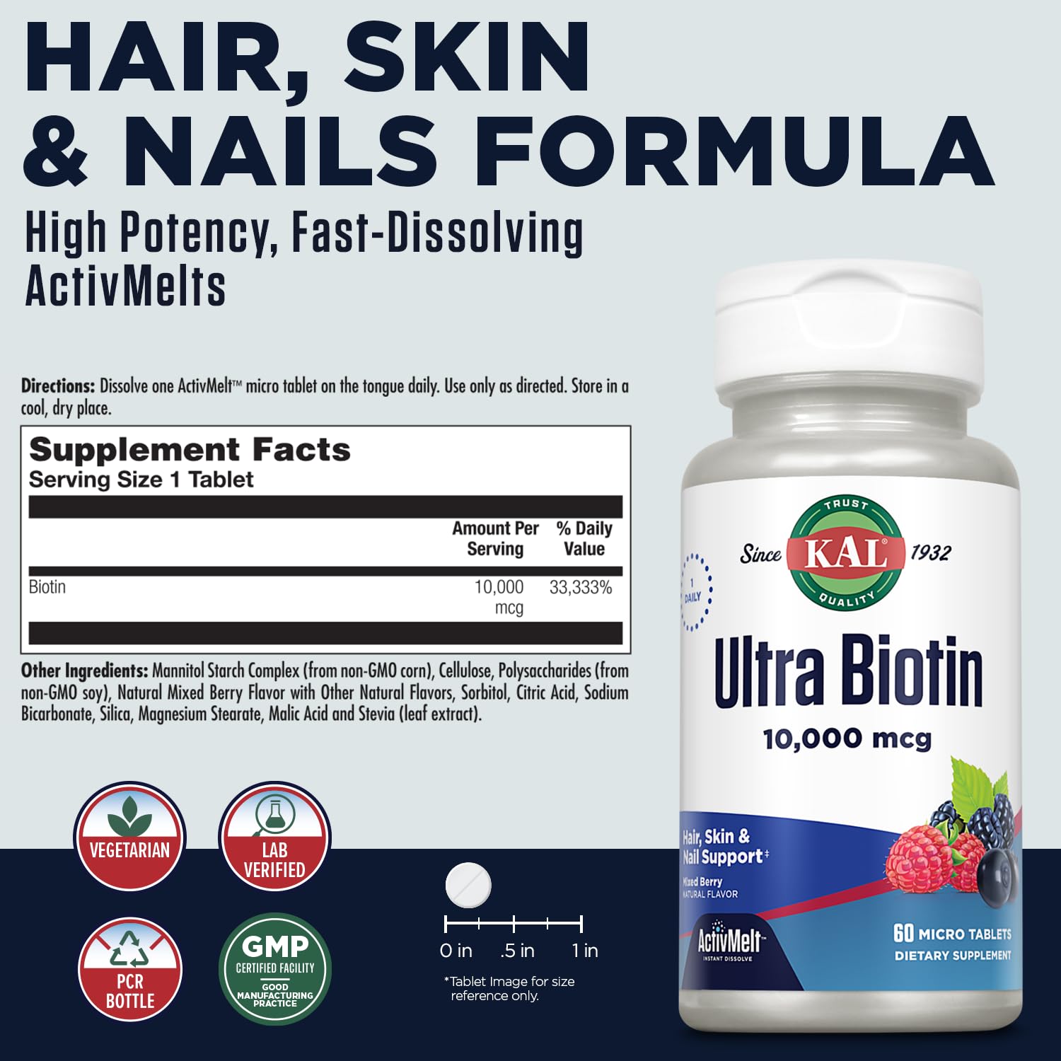 Foto 3 pulgar | Suplemento Kal Ultra Biotina, 10000 Mcg, Activmelt, 60 Tabletas - Venta Internacional.