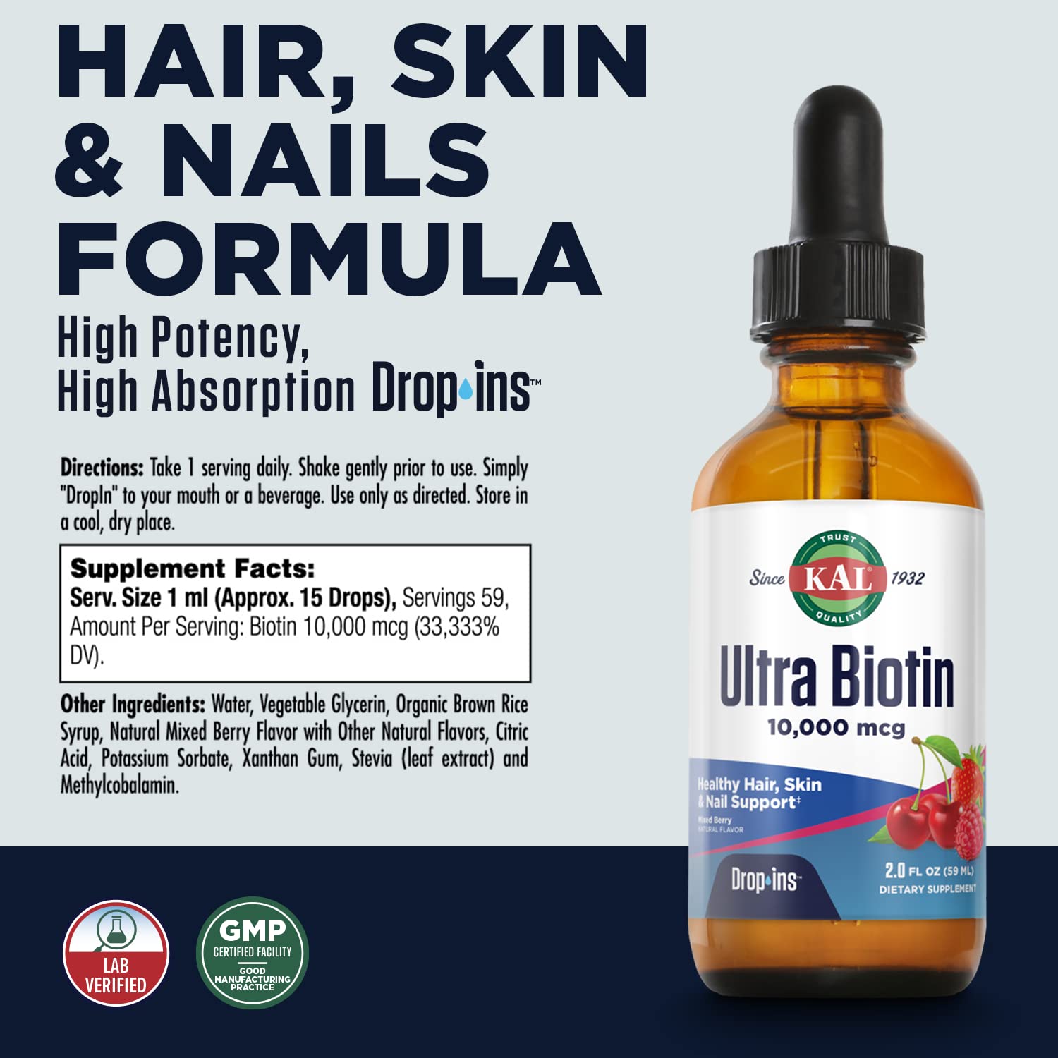 Foto 2 | Suplemento Kal Ultra Biotina, 10000 Mcg, Líquido, 59 Porciones, 60 Ml - Venta Internacional.