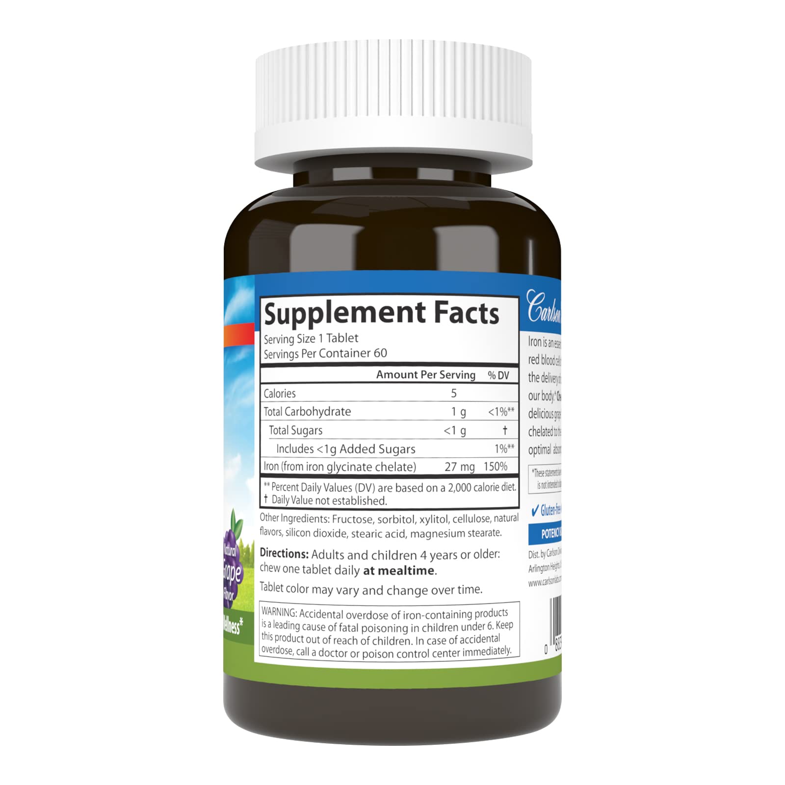 Foto 3 pulgar | Suplemento Carlson Chewable Iron 27 Mg Con Sabor A Uva 60 Comprimidos - Venta Internacional.