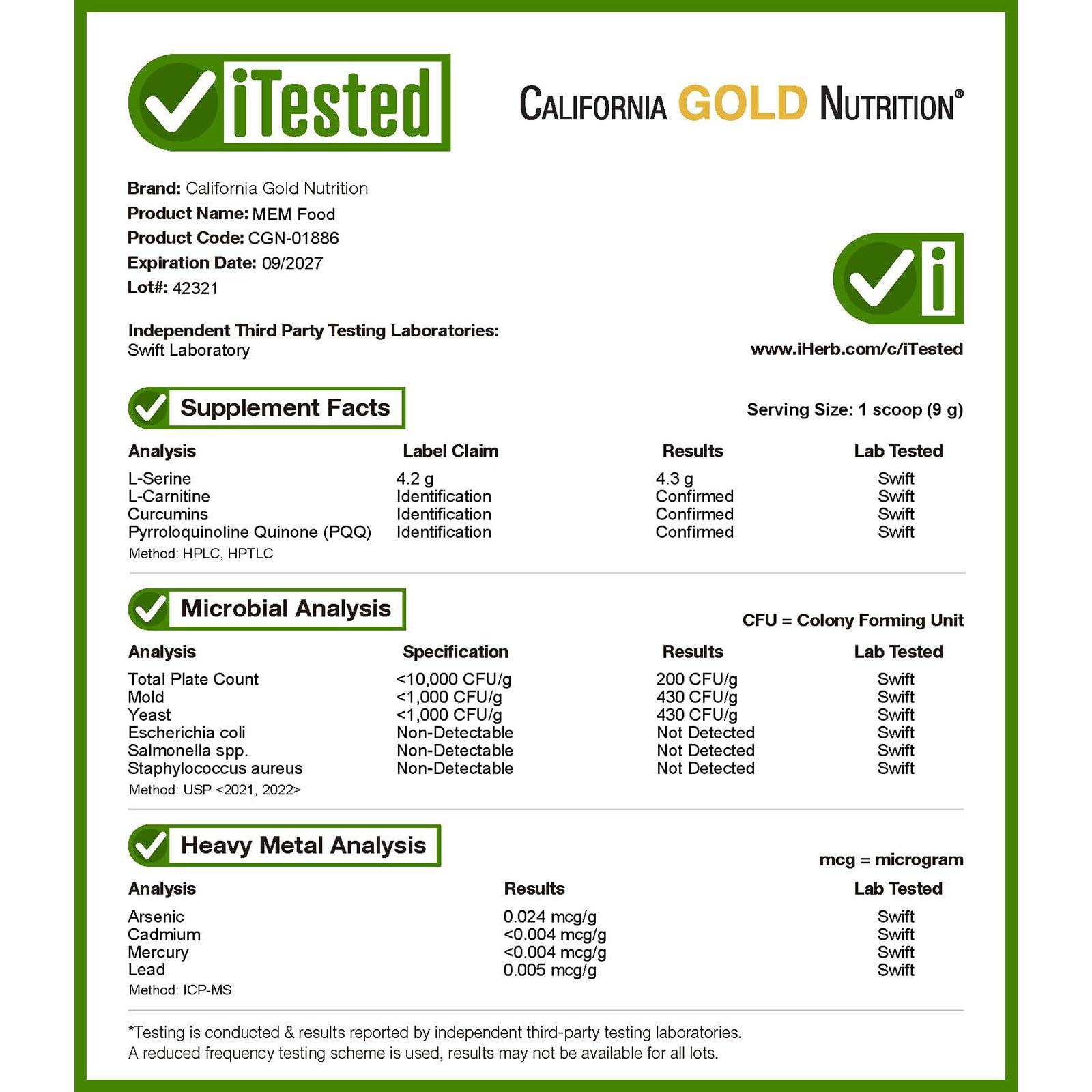 Foto 5 pulgar | Suplemento California Gold Nutrition Mem Food 510 G - Venta Internacional.
