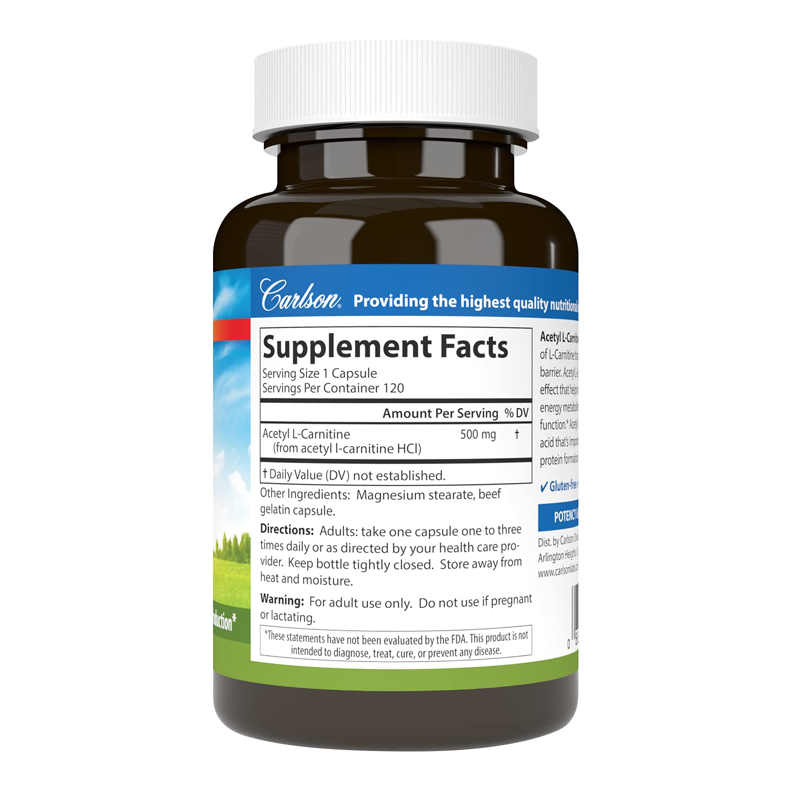 Foto 3 pulgar | Suplemento Carlson Labs Acetil L-carnitina 500 Mg 120 Cápsulas - Venta Internacional.