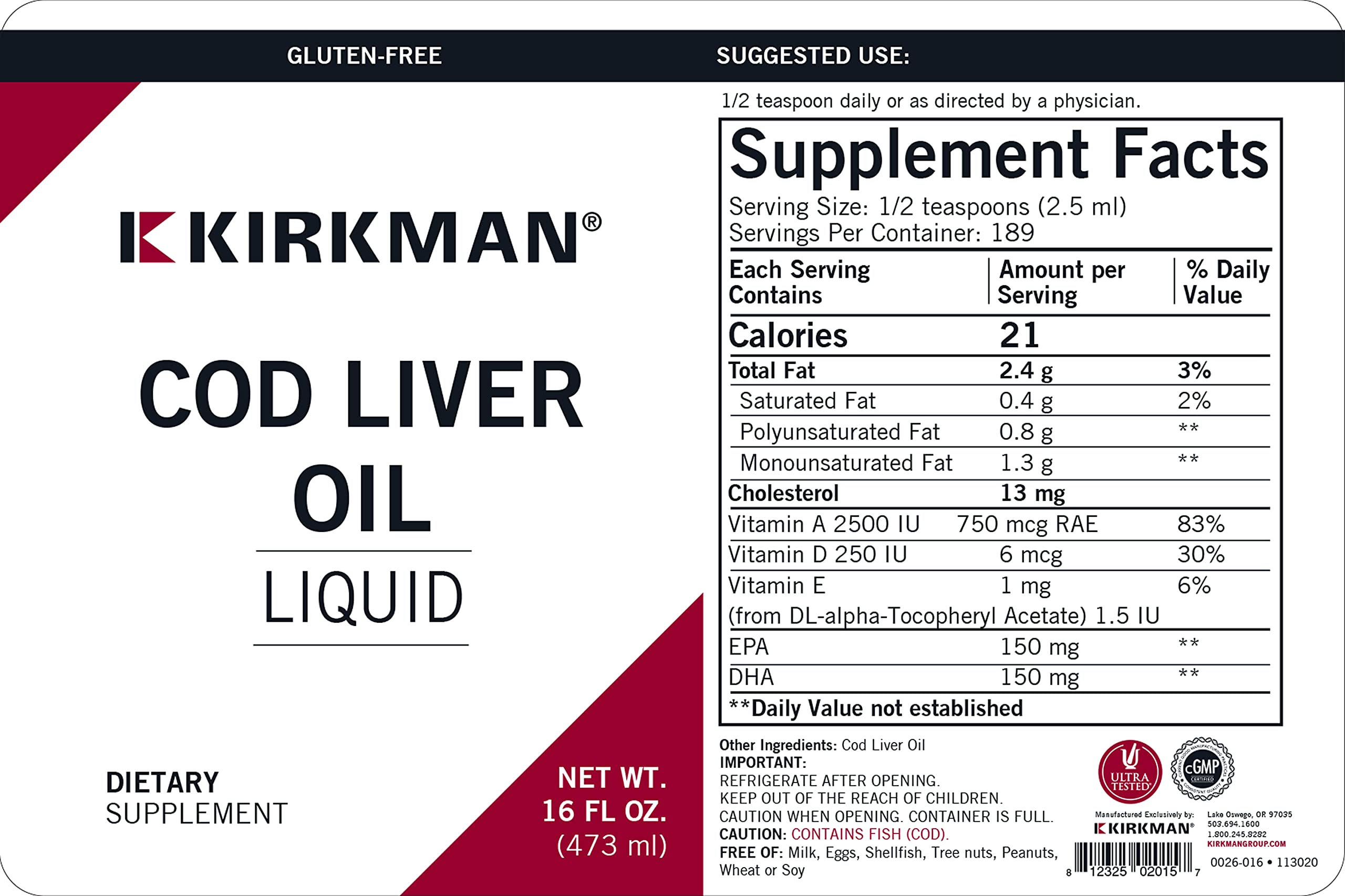 Foto 4 pulgar | Suplemento De Aceite De Hígado De Bacalao Kirkman, Líquido, Sin Sabor, 473 Ml - Venta Internacional.