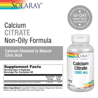 Foto 2 | Suplemento De Citrato De Calcio Solaray 1000 Mg 240 Cápsulas Vegetales - Venta Internacional.