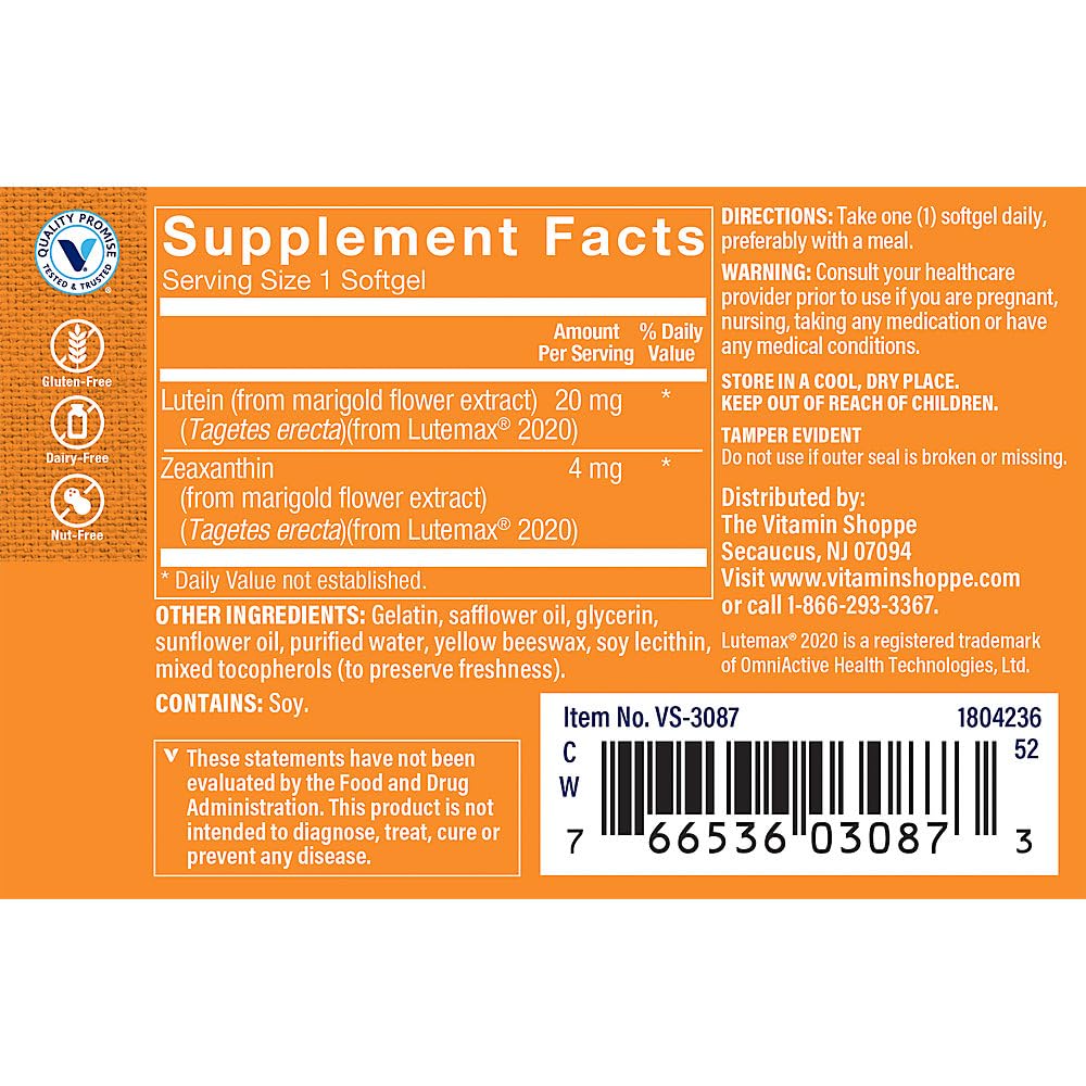 Foto 4 pulgar | Suplemento De Luteína The Vitamin Shoppe, 20 Mg, 60 Cápsulas Blandas - Venta Internacional.