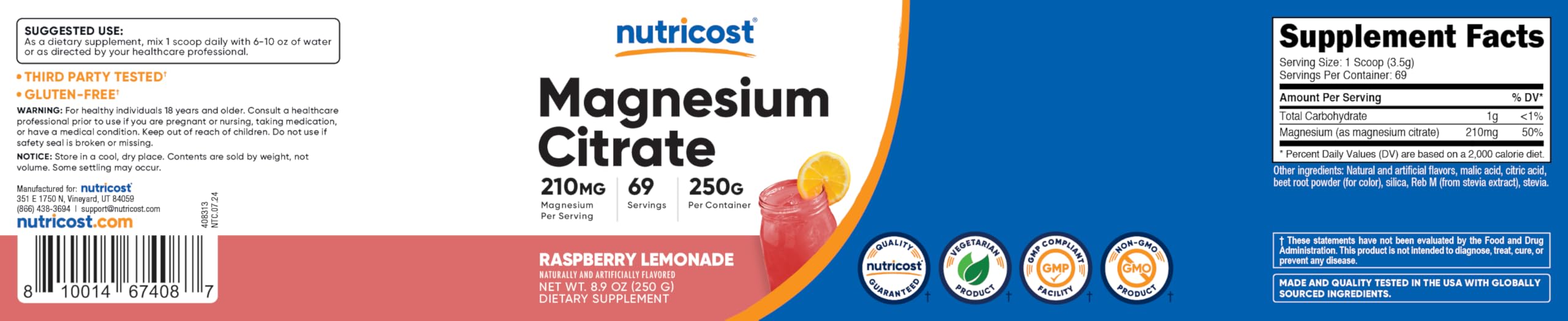 Foto 7 pulgar | Citrato De Magnesio En Polvo Nutricost Limonada De Frambuesa 250g - Venta Internacional.