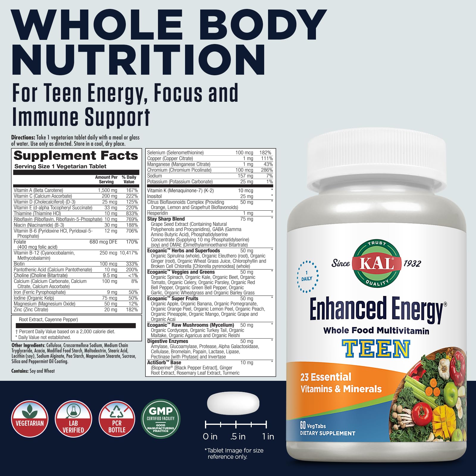 Foto 3 pulgar | Suplemento Kal Enhanced Energy Para Adolescentes En Tabletas 60 Tabletas - Venta Internacional.