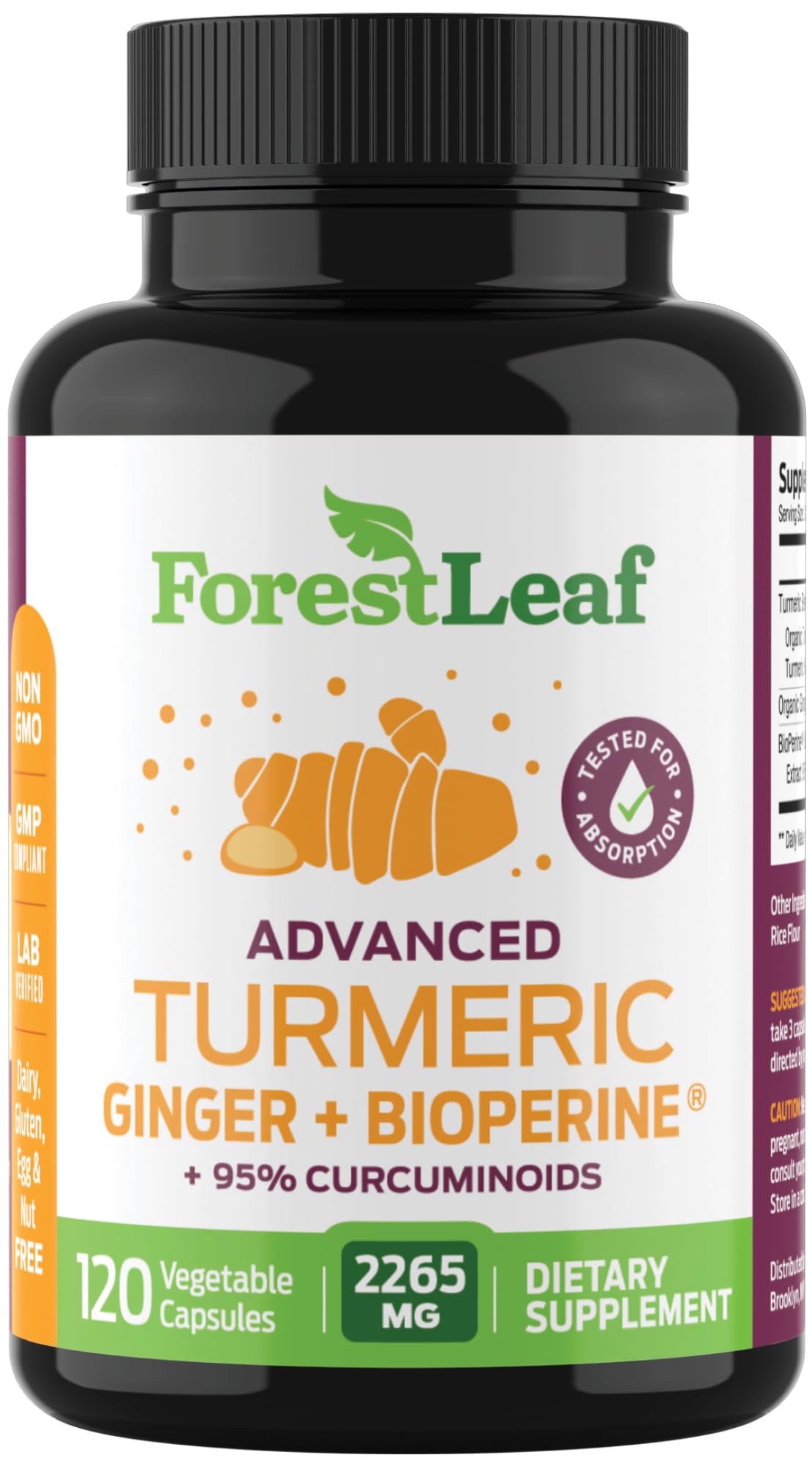 Suplemento De Cúrcuma Orgánica Forestleaf 2265 Mg Con Jengibre 120 Cápsulas - Venta Internacional.