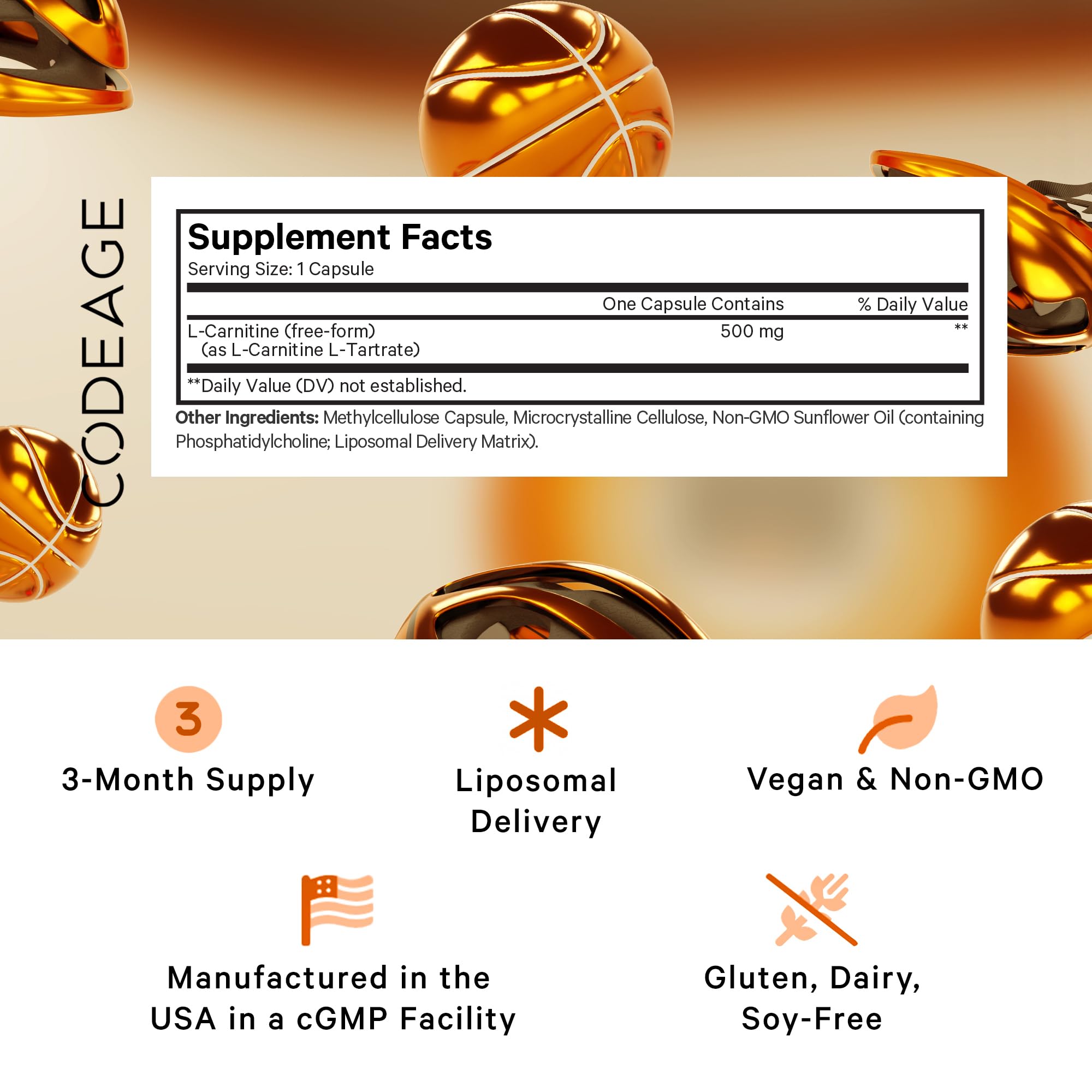 Foto 3 pulgar | Suplemento Codeage Liposomal L-carnitine+ 500 Mg 90 Cápsulas - Venta Internacional.