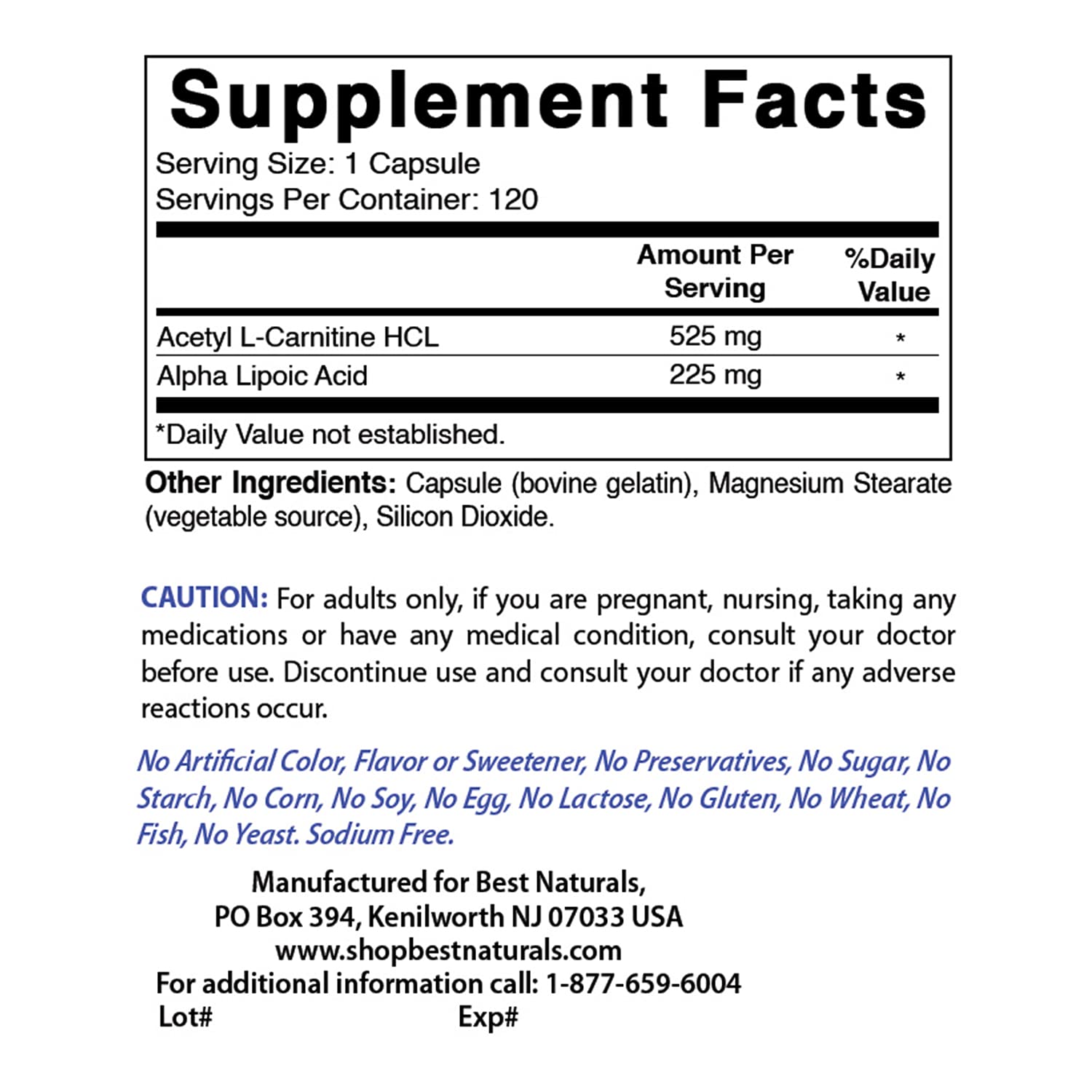 Foto 3 pulgar | Supplement Best Naturals Acetil L-carnitina Y Ácido Alfa Lipoico 750 Mg 120 Cápsulas - Venta Internacional.
