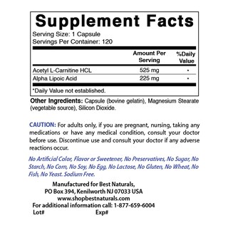 Foto 2 | Supplement Best Naturals Acetil L-carnitina Y Ácido Alfa Lipoico 750 Mg 120 Cápsulas - Venta Internacional.