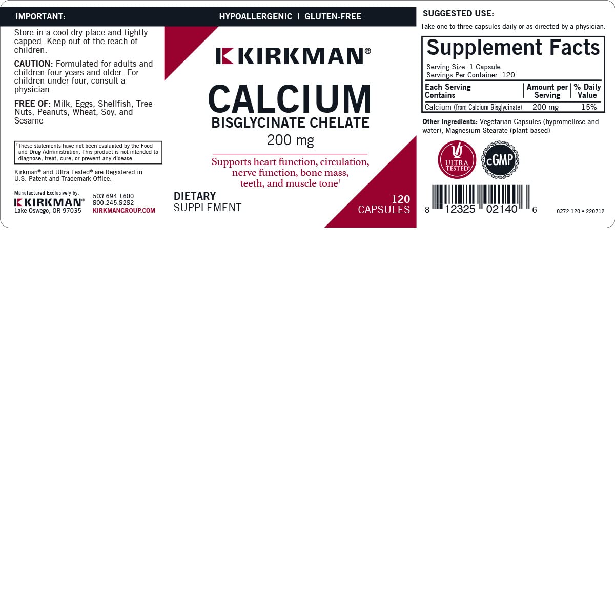 Foto 3 | Suplemento De Quelato De Bisglicinato De Calcio Kirkman 200 Mg 120 Cápsulas - Venta Internacional.