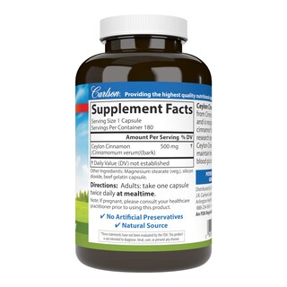 Foto 2 | Suplementos Carlson, Extracto De Canela De Ceilán, 500 Mg, 180 Cápsulas - Venta Internacional.