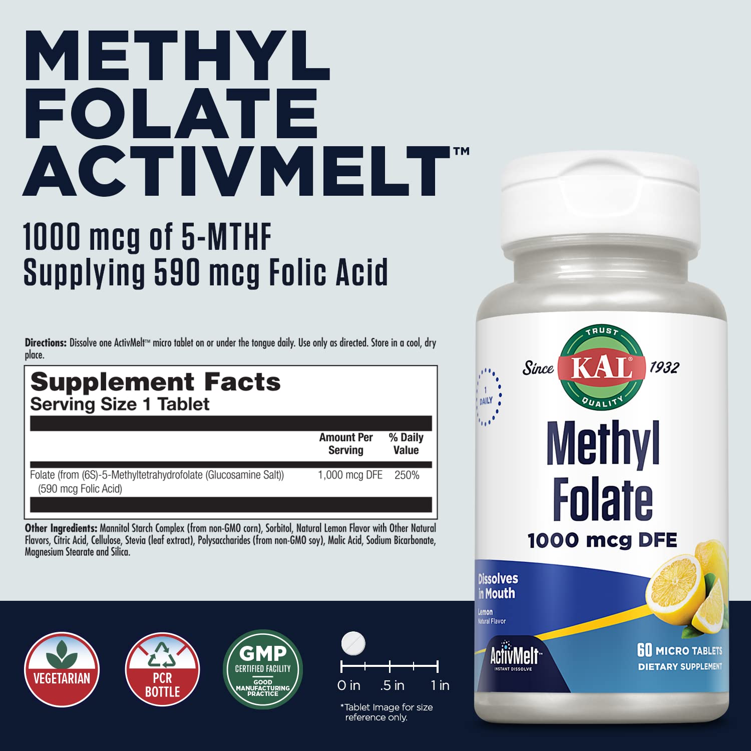 Foto 3 pulgar | Suplemento De Folato De Metilo Kal 1000 Mcg 5-mthf 60 Tabletas - Venta Internacional.