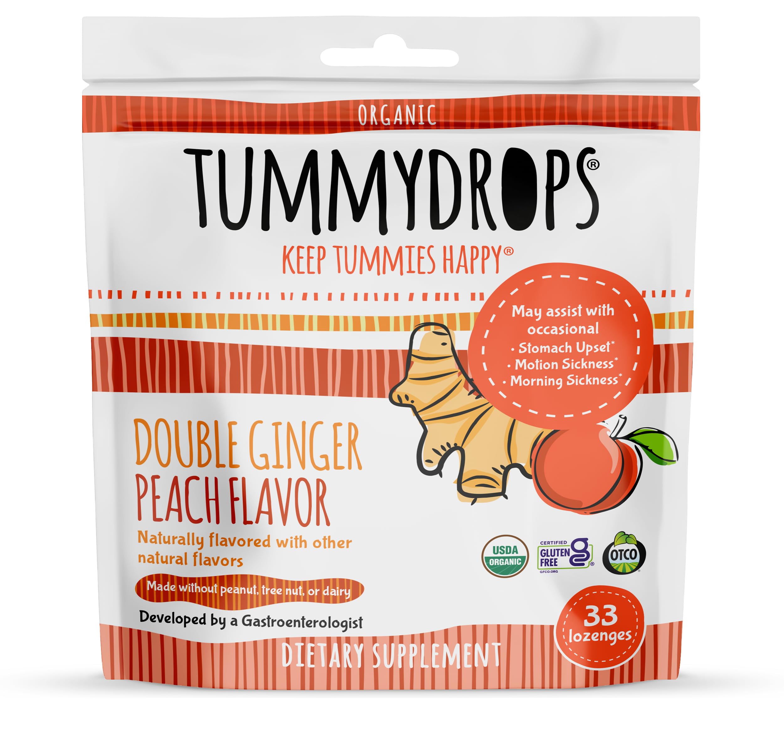 Foto 2 pulgar | Pastillas Tummydrops Usda Organic Double Ginger Peach 33 Unidades - Venta Internacional.
