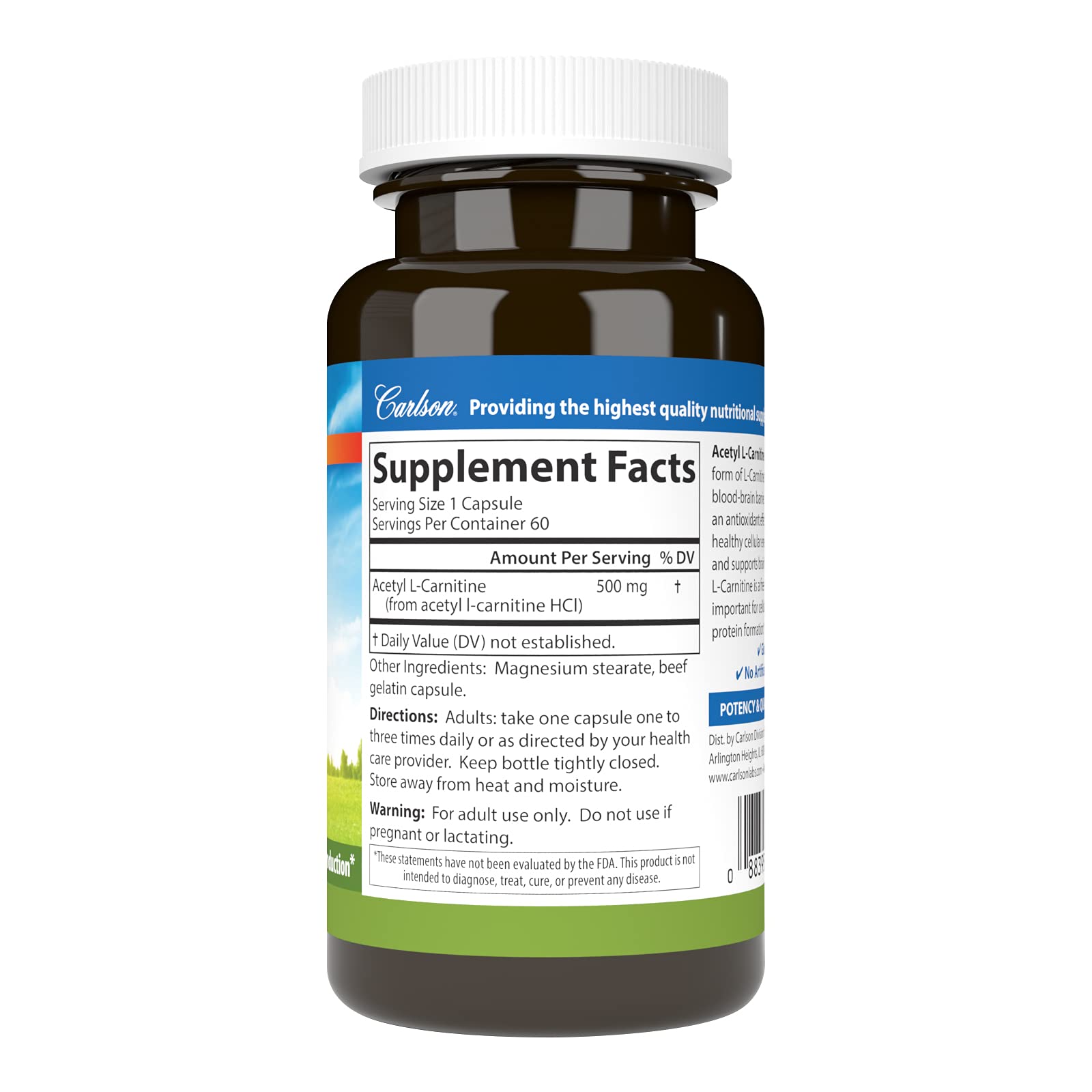 Foto 3 pulgar | Suplemento Carlson Labs Acetil L-carnitina 500 Mg 60 Cápsulas - Venta Internacional.