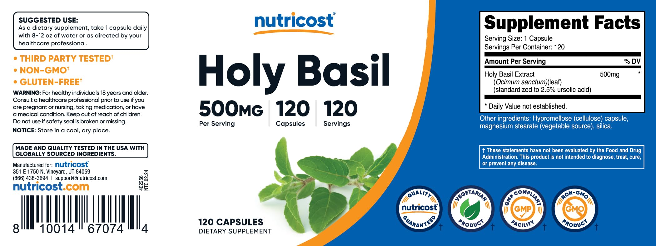 Foto 7 pulgar | Suplemento Nutricost, Cápsulas De Albahaca Santa, 500 Mg, 120 Cápsulas - Venta Internacional.