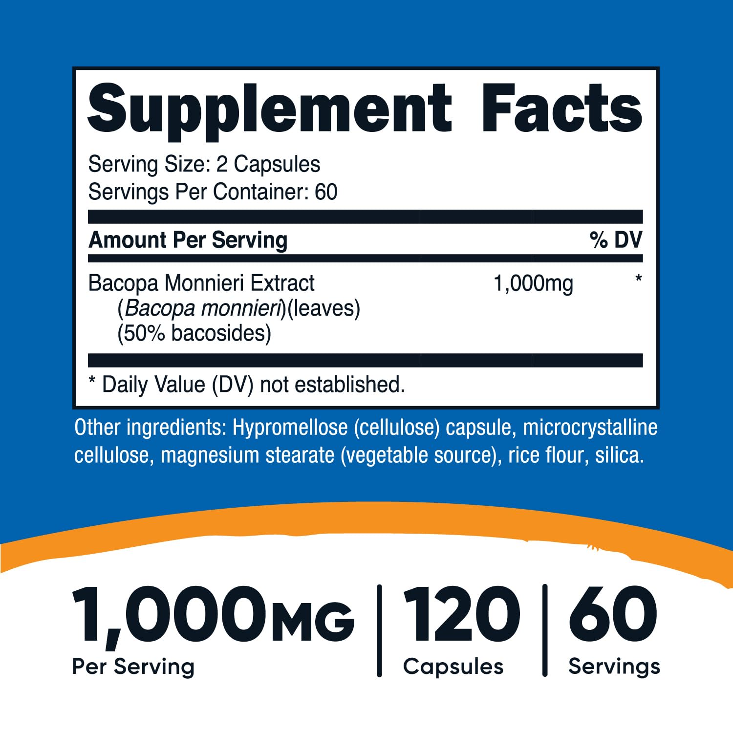 Foto 3 pulgar | Suplemento Nutricost Extracto De Bacopa Monnieri 1000 Mg 120 Cápsulas - Venta Internacional.
