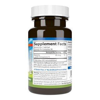 Foto 2 | Suplemento Carlson Labs Vitamina K2-7, 45 Mcg, Cápsulas Blandas, 90 Unidades - Venta Internacional.