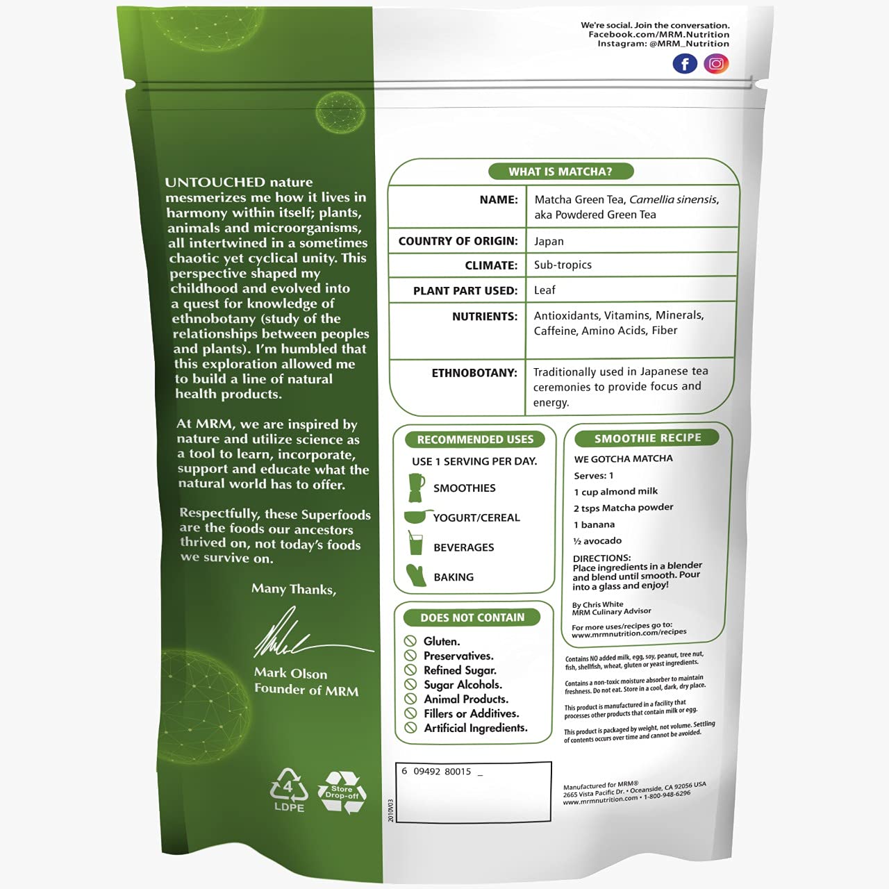 Foto 3 pulgar | Té Verde Matcha En Polvo Mrm Super Foods 180 Ml - Venta Internacional.
