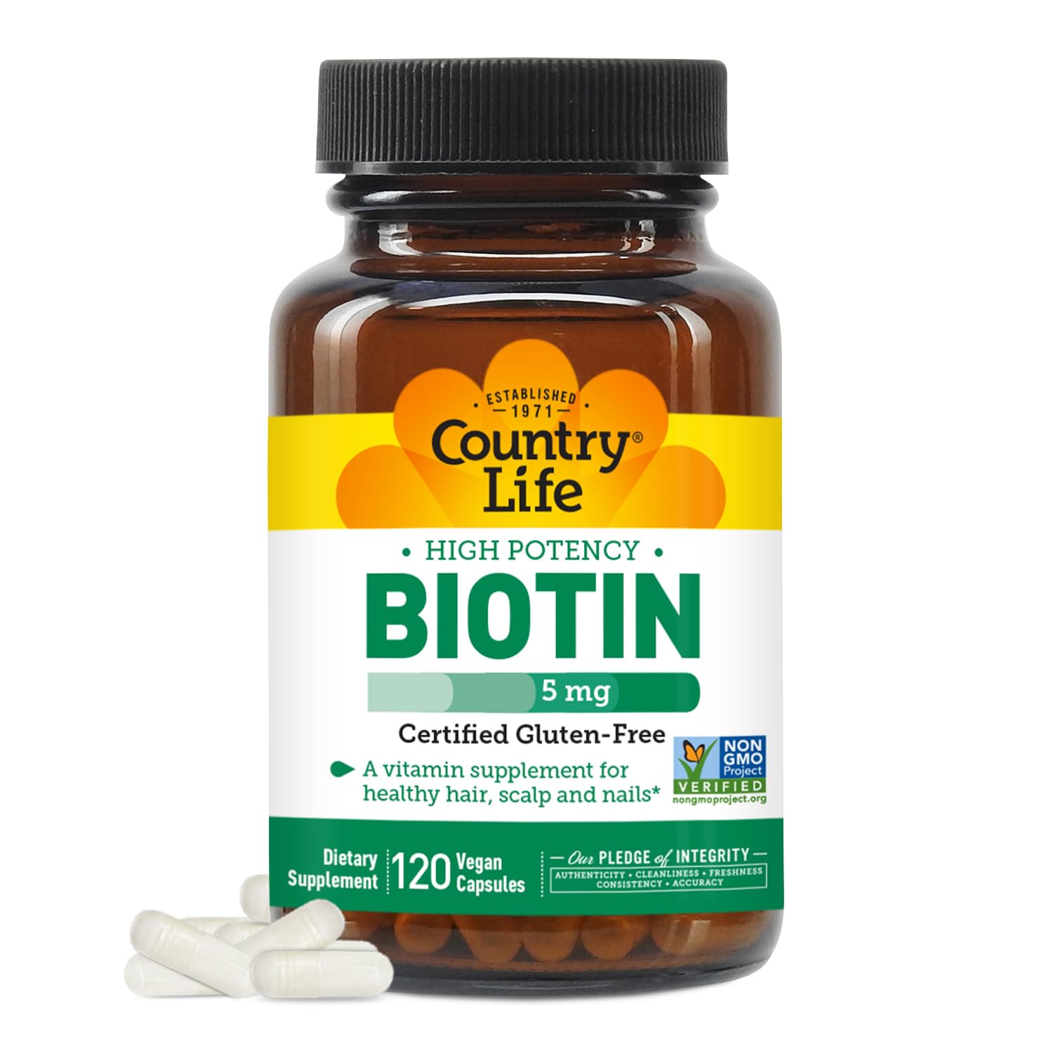 Suplemento Country Life Biotina, 5 Mg, Vegicaps, 120 Unidades - Venta Internacional.