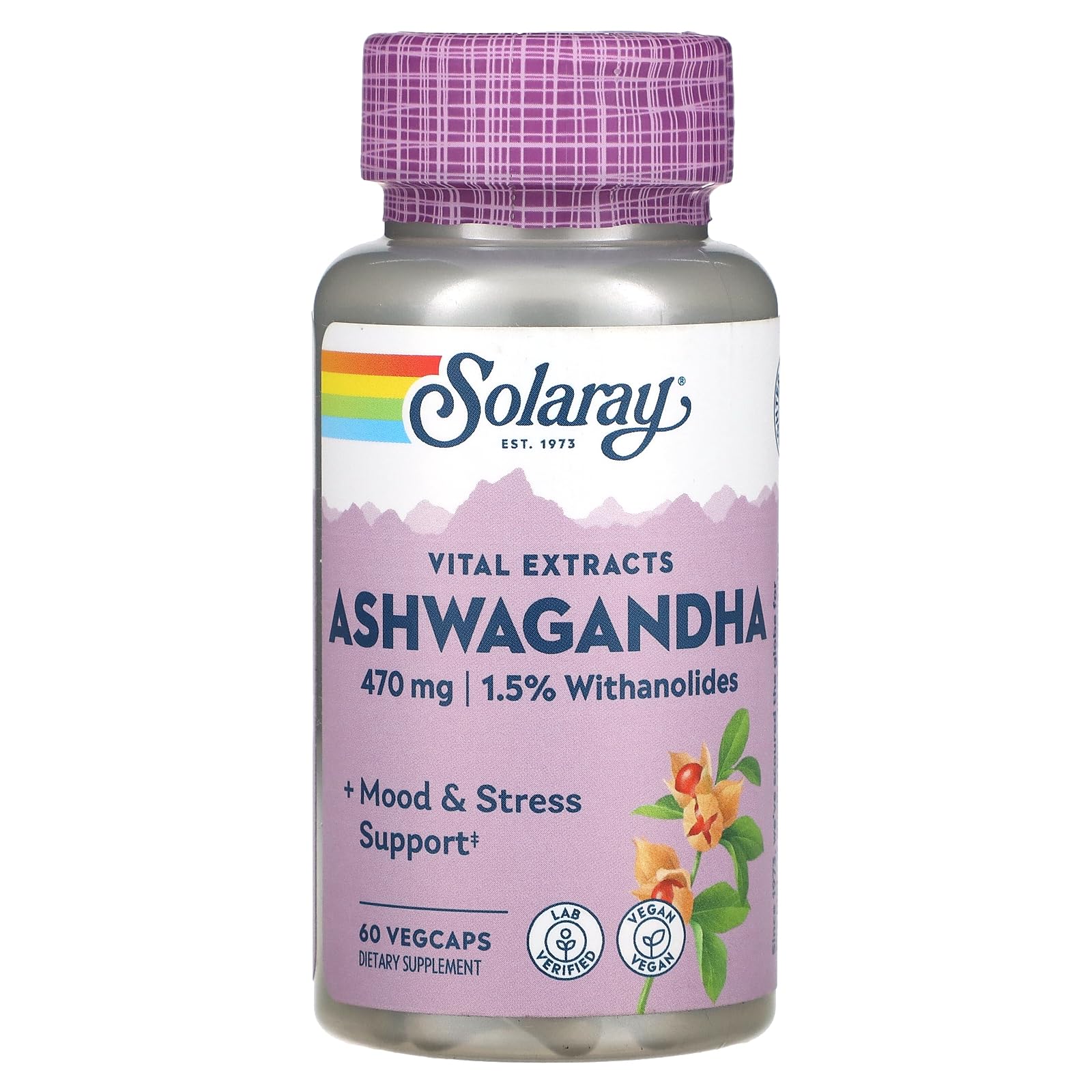 Suplemento Solaray Ashwagandha 470 Mg, 60 Cápsulas Vegetarianas - Venta Internacional.