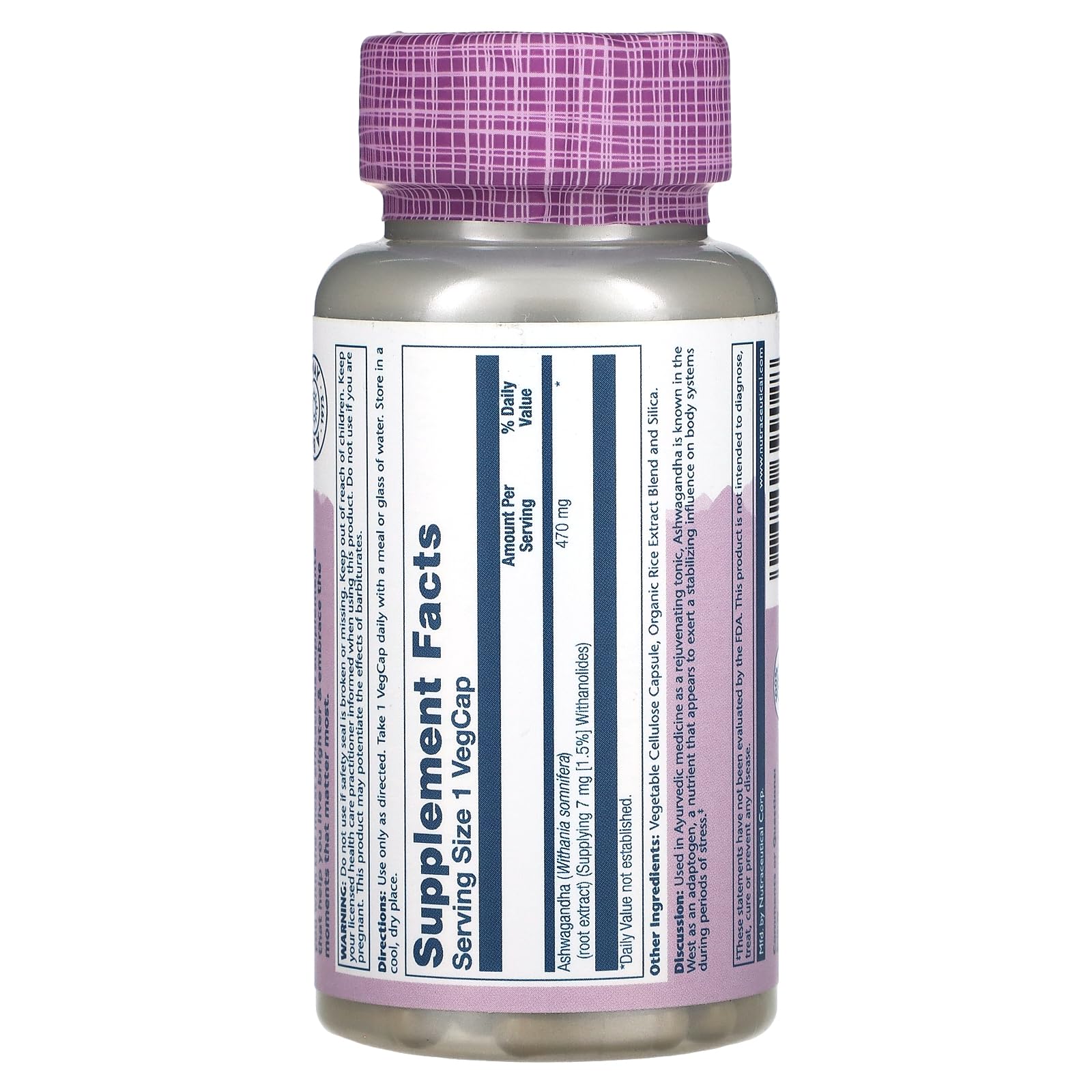 Foto 3 pulgar | Suplemento Solaray Ashwagandha 470 Mg, 60 Cápsulas Vegetarianas - Venta Internacional.