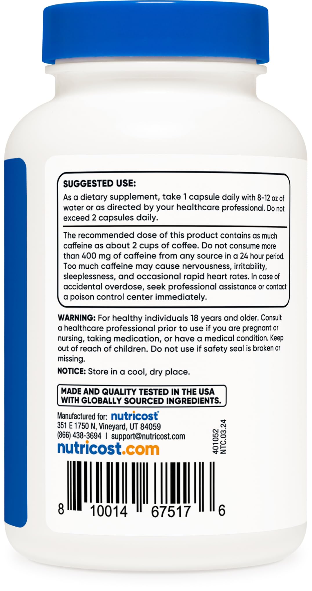 Foto 5 pulgar | Píldoras De Cafeína Nutricost 200 Mg/porción 250 Cápsulas - Venta Internacional.