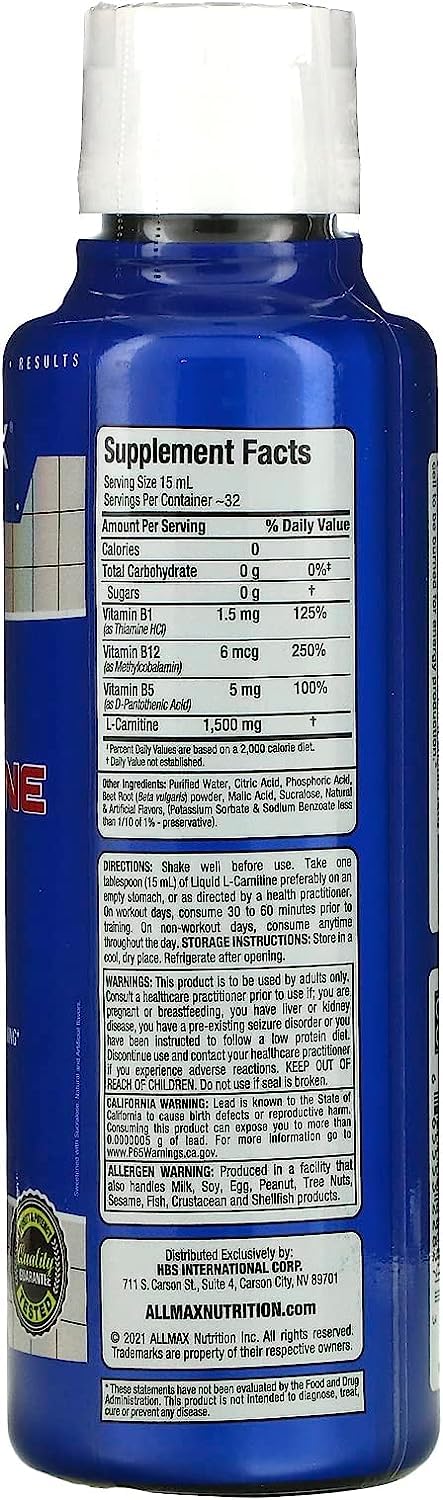 Foto 3 pulgar | Suplemento Allmax Nutrition Liquid L-carnitine 1500 473ml - Venta Internacional.