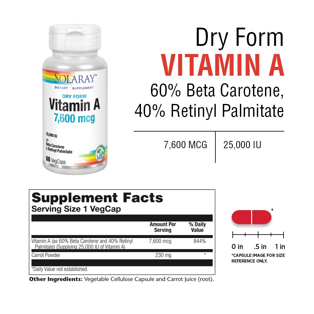 Foto 3 pulgar | Suplemento Solaray De Vitamina A En Forma Seca, 7500 Mcg, 60 Cápsulas Vegetales - Venta Internacional.