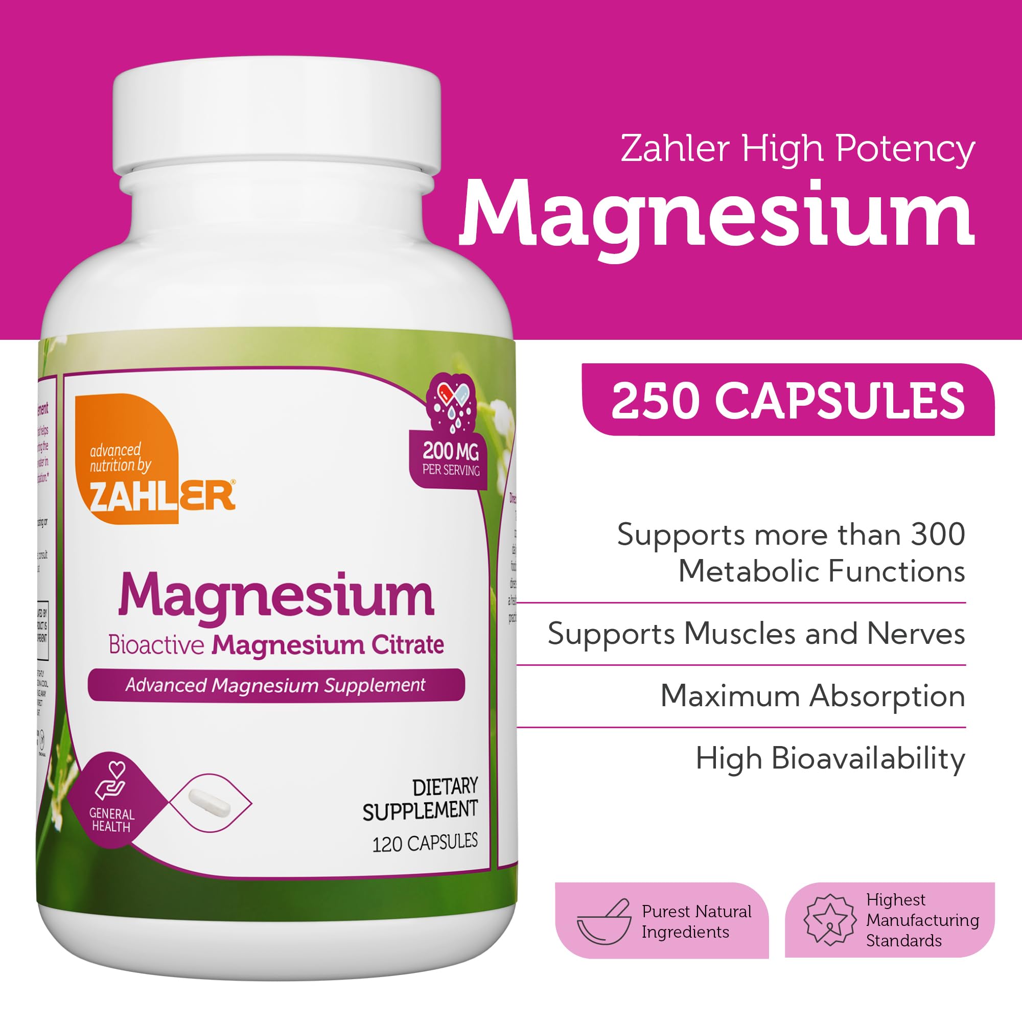 Foto 3 pulgar | Suplemento De Magnesio Zahler En Cápsulas De 200 Mg (250 Unidades) - Venta Internacional.