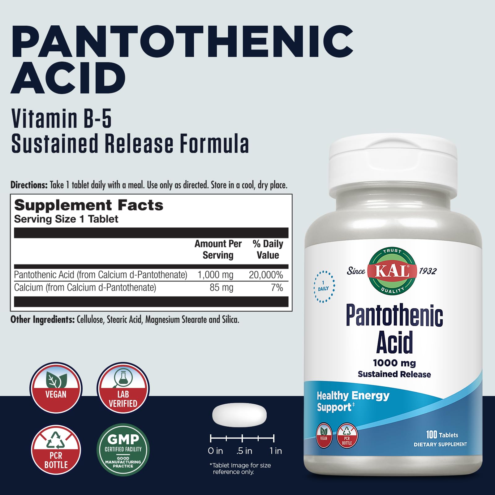 Foto 3 pulgar | Suplemento De Ácido Pantoténico Kal 1000 Mg De Vitamina B5 100 Tabletas - Venta Internacional.