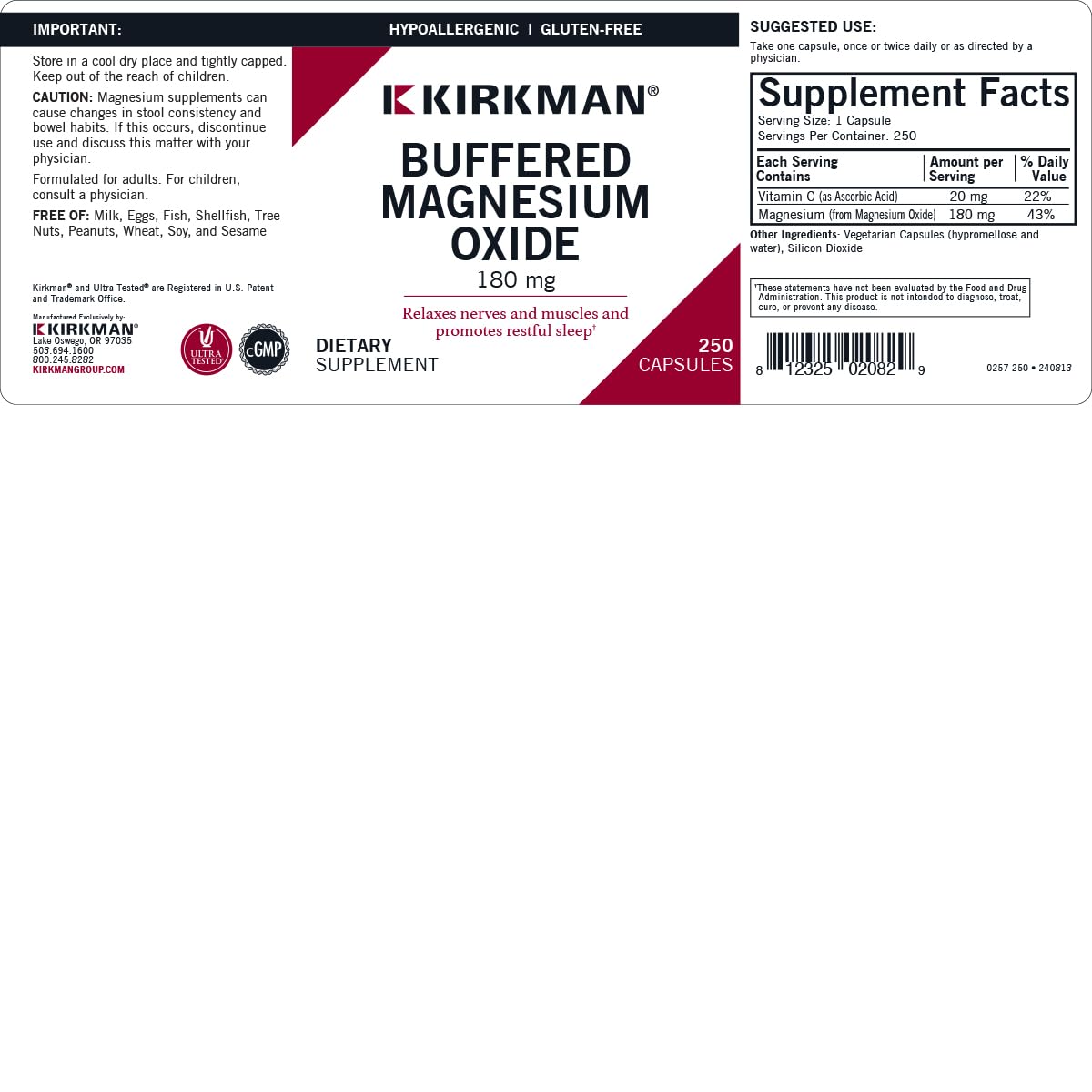 Foto 4 pulgar | Suplemento Kirkman De Óxido De Magnesio Tamponado 180 Mg 250 Cápsulas - Venta Internacional.