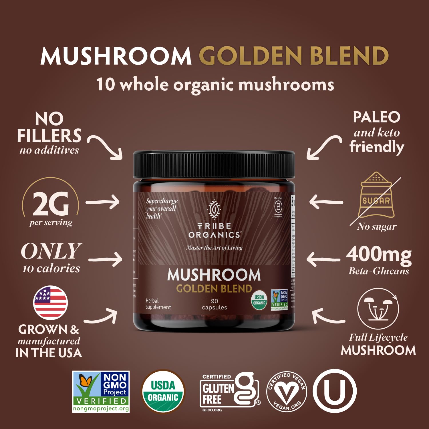 Foto 3 pulgar | Suplemento Tribe Organics Mushroom Golden Blend 90 Cápsulas - Venta Internacional
