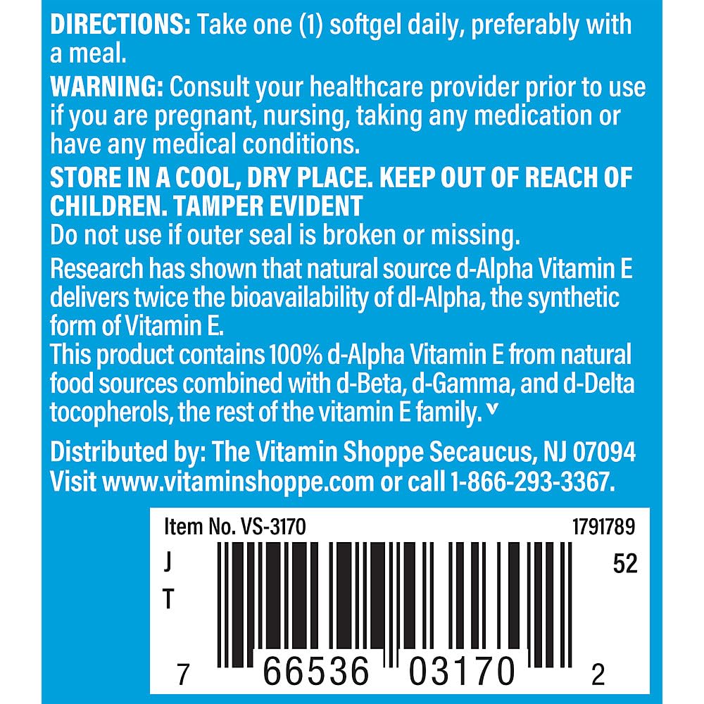 Foto 6 pulgar | Suplemento Vitamina E The Vitamin Shoppe 400 Ui 60 Cápsulas Blandas - Venta Internacional