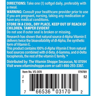 Foto 5 | Suplemento Vitamina E The Vitamin Shoppe 400 Ui 60 Cápsulas Blandas - Venta Internacional