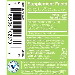 Foto 3 | Suplemento Aceite de Orégano Vitamin Shoppe con Carvacrol 13.5 ml - Venta Internacional